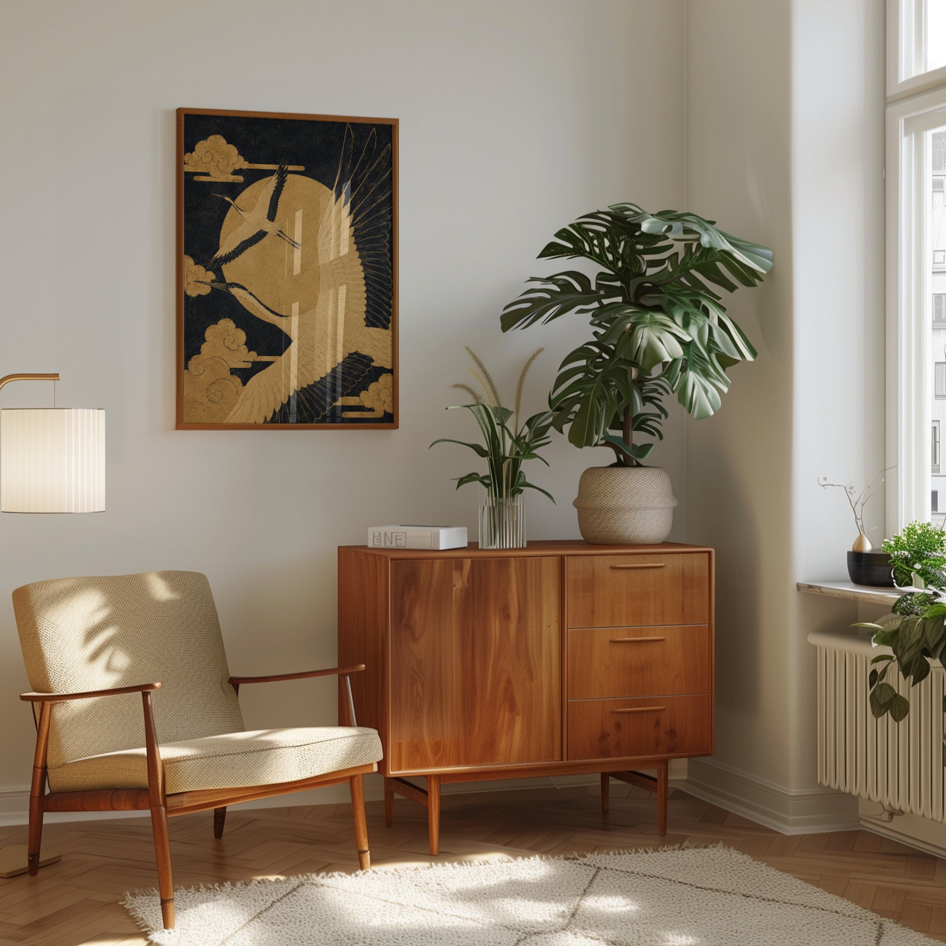 Crane Wall Art: Gold and Black Japanese Birds - interior
