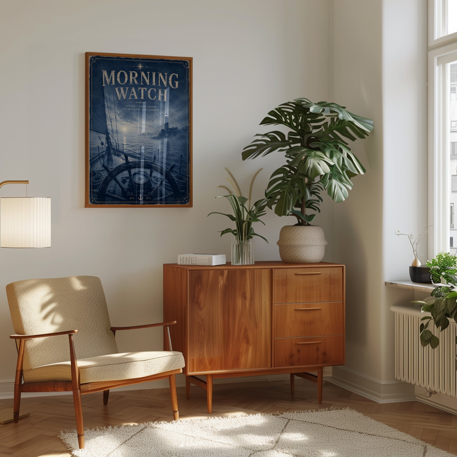 Morning Watch Nautical Poster: Vintage Blue Ship Lighthouse Art - interior