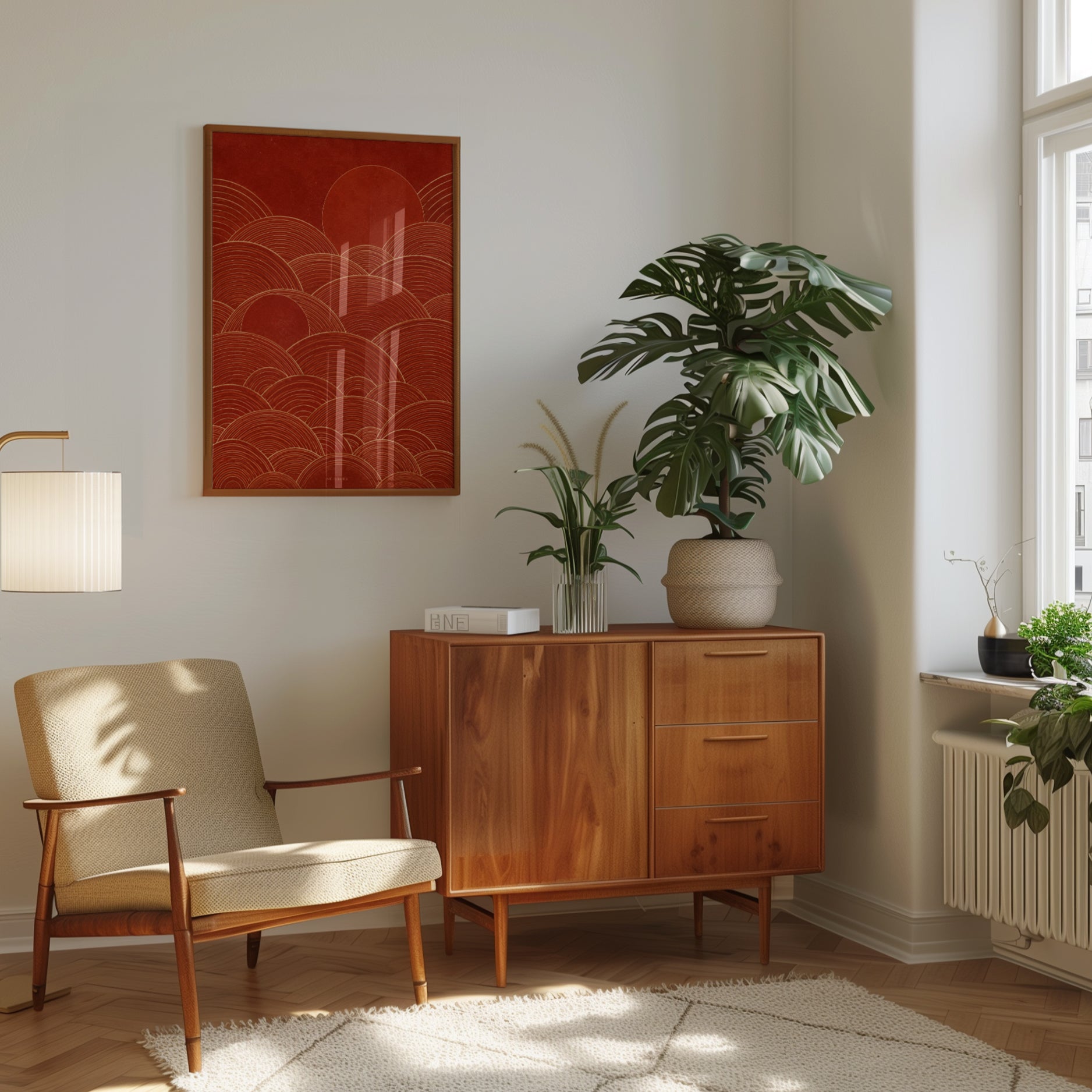 Japanese Wave Art Print: Red Seigaiha Pattern with Sun - interior