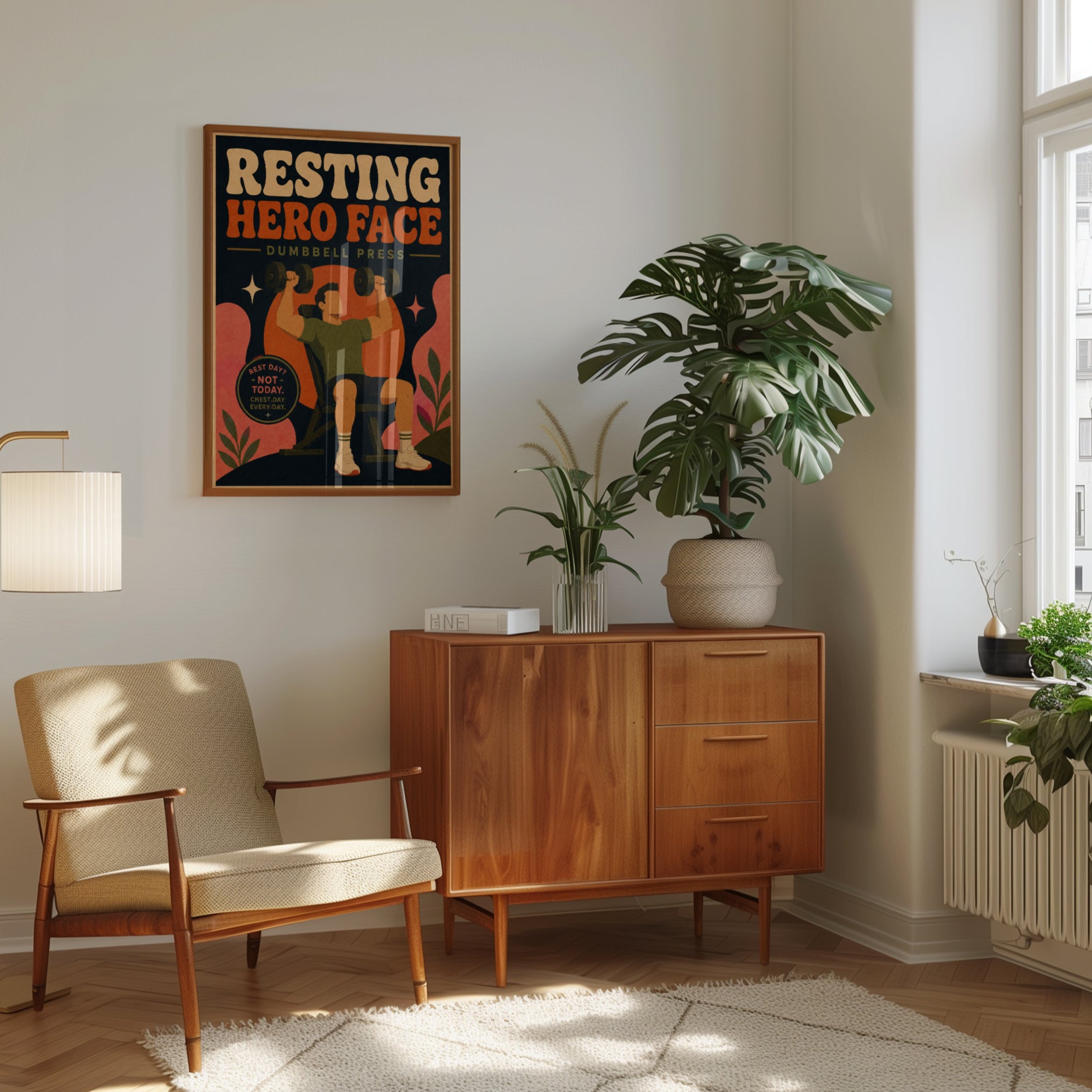 Resting Hero Face Gym Poster: Retro Fitness Motivation Art - interior