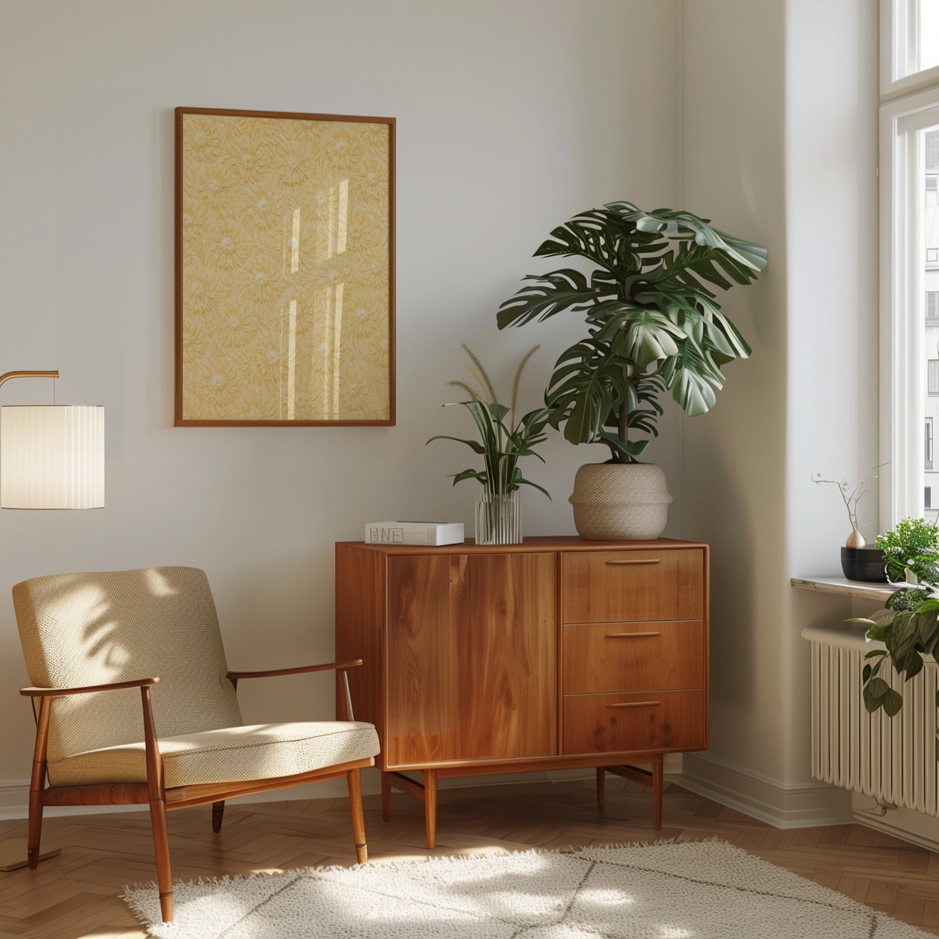 Golden Chrysanthemum Pattern Print: Vintage Floral Wall Art - interior