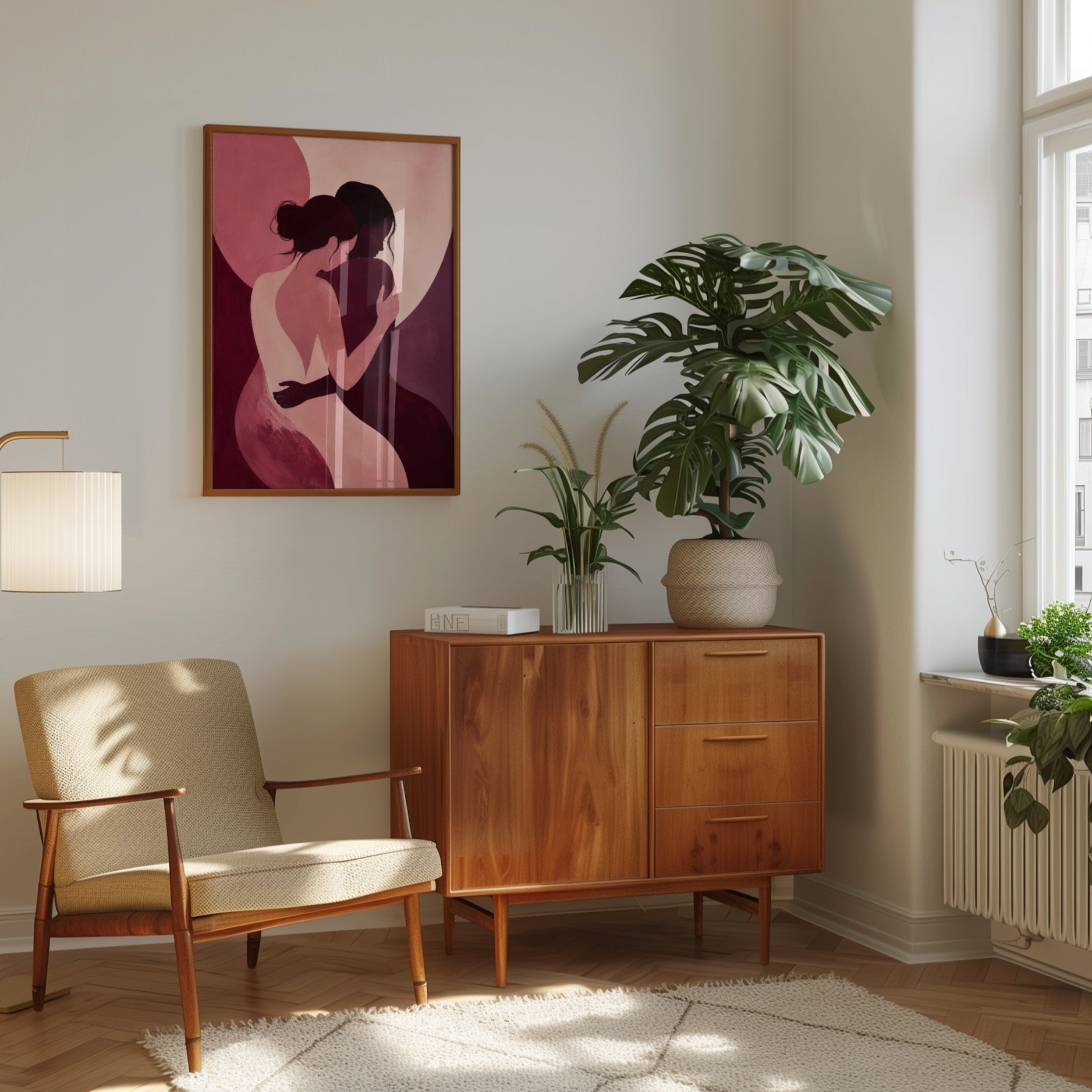 Embrace Silhouette Art Print: Modern Pink and Burgundy Figures - interior