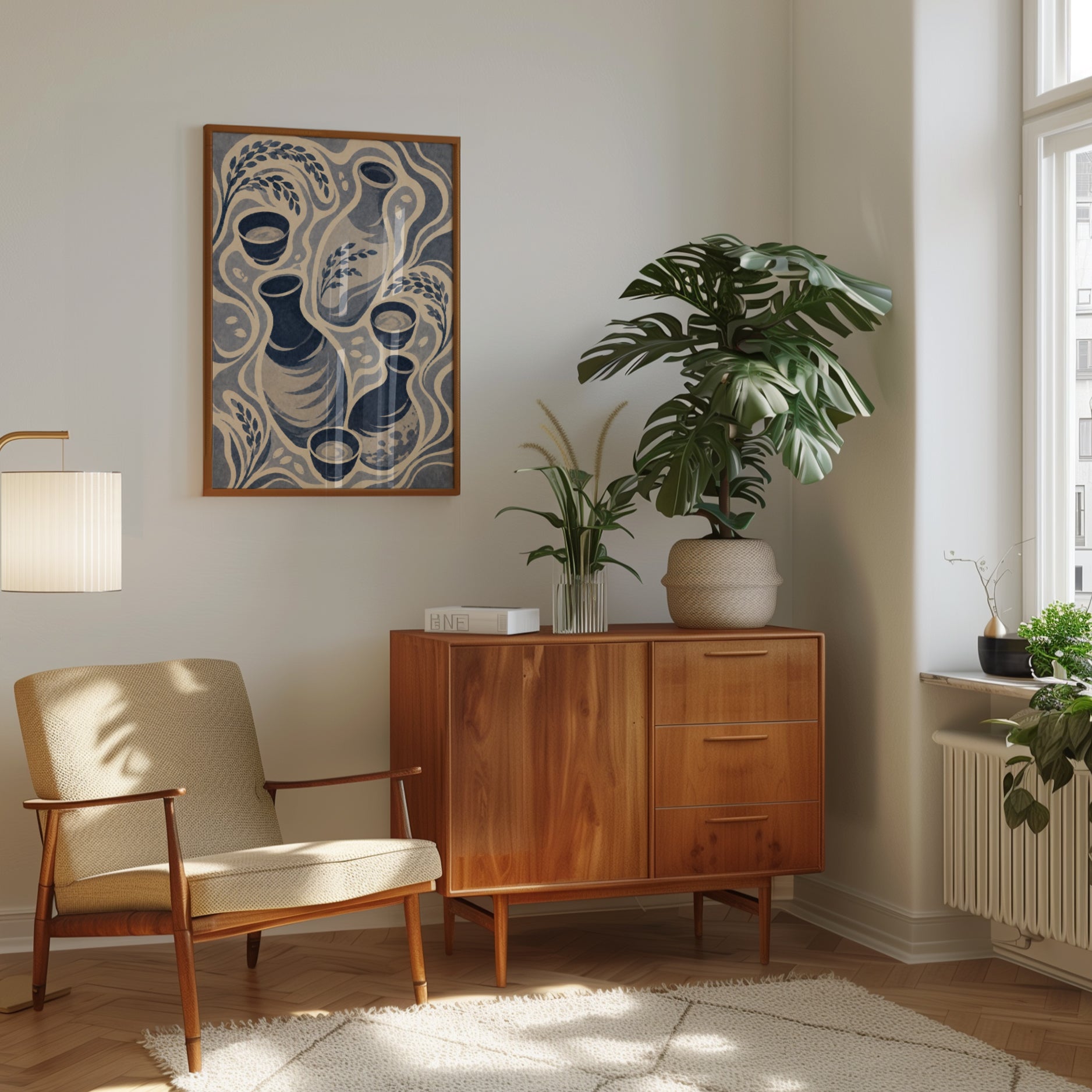 Ceramic Vessels and Wheat Art Print: Folk Art Navy and Beige - interior
