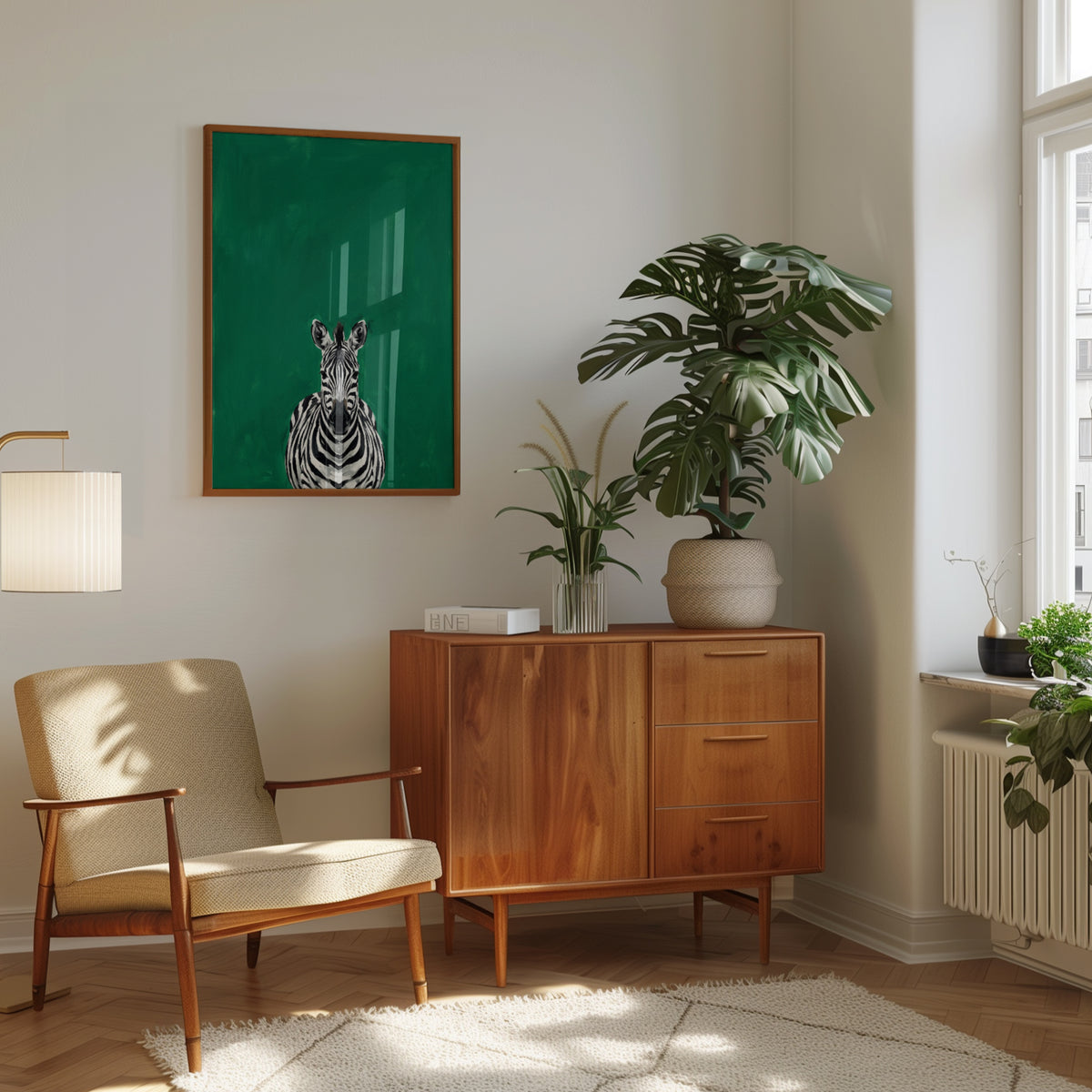 Zebra Portrait Print – Bold Emerald Green Modern Animal Wall Art - interior