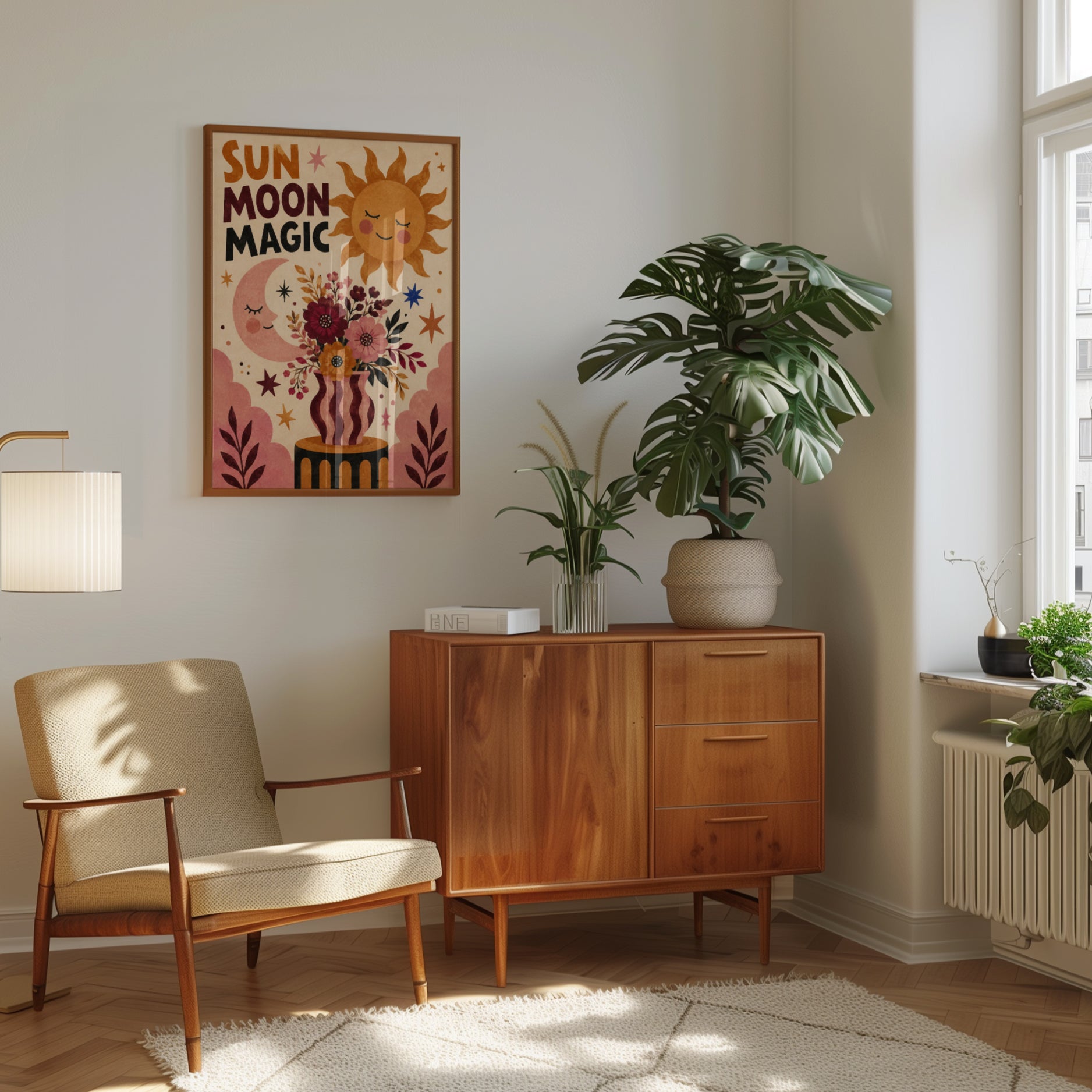 Sun Moon Magic Poster: Retro Celestial Folk Art with Flowers - interior