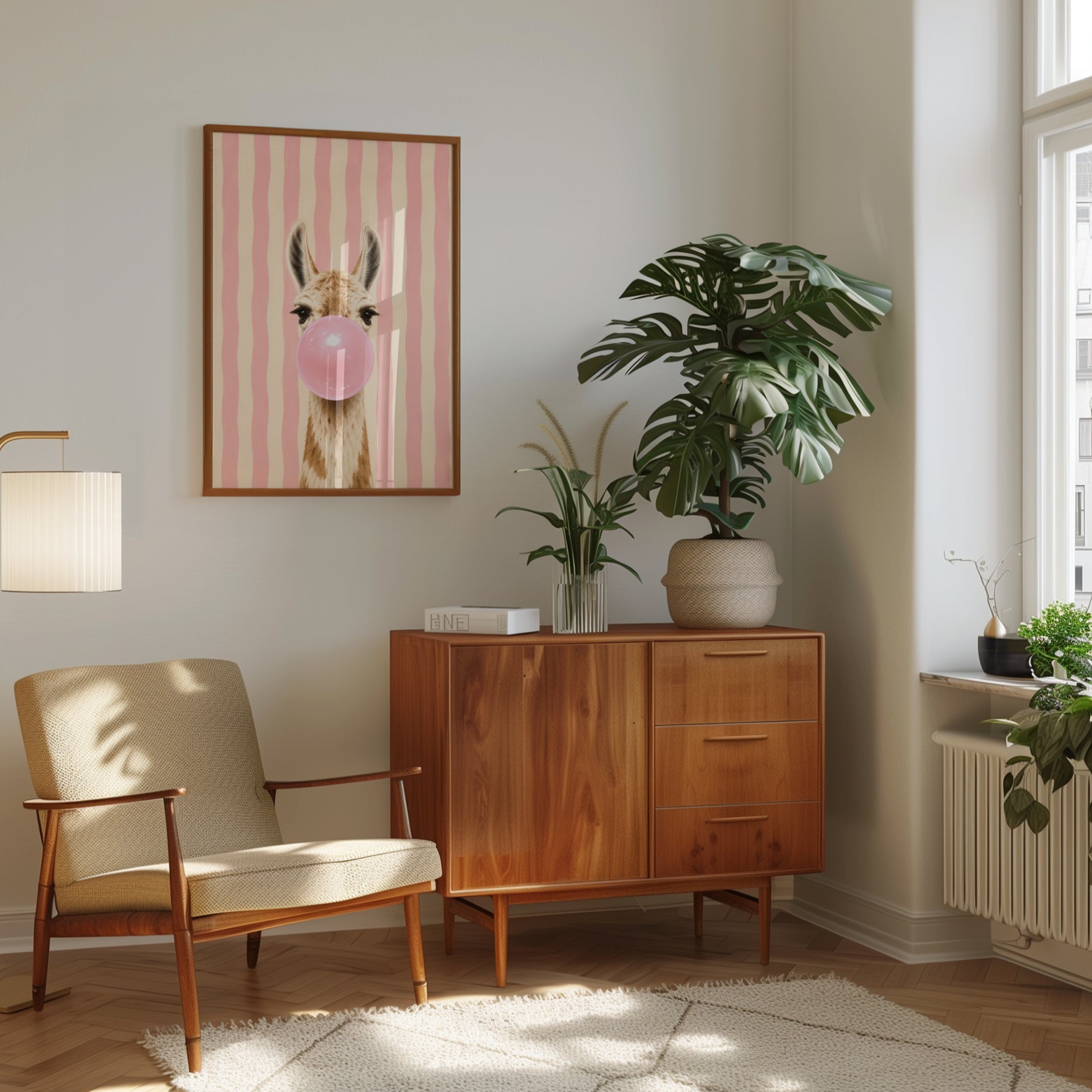 Llama Blowing Bubblegum Art Print: Whimsical Pink Stripes - interior
