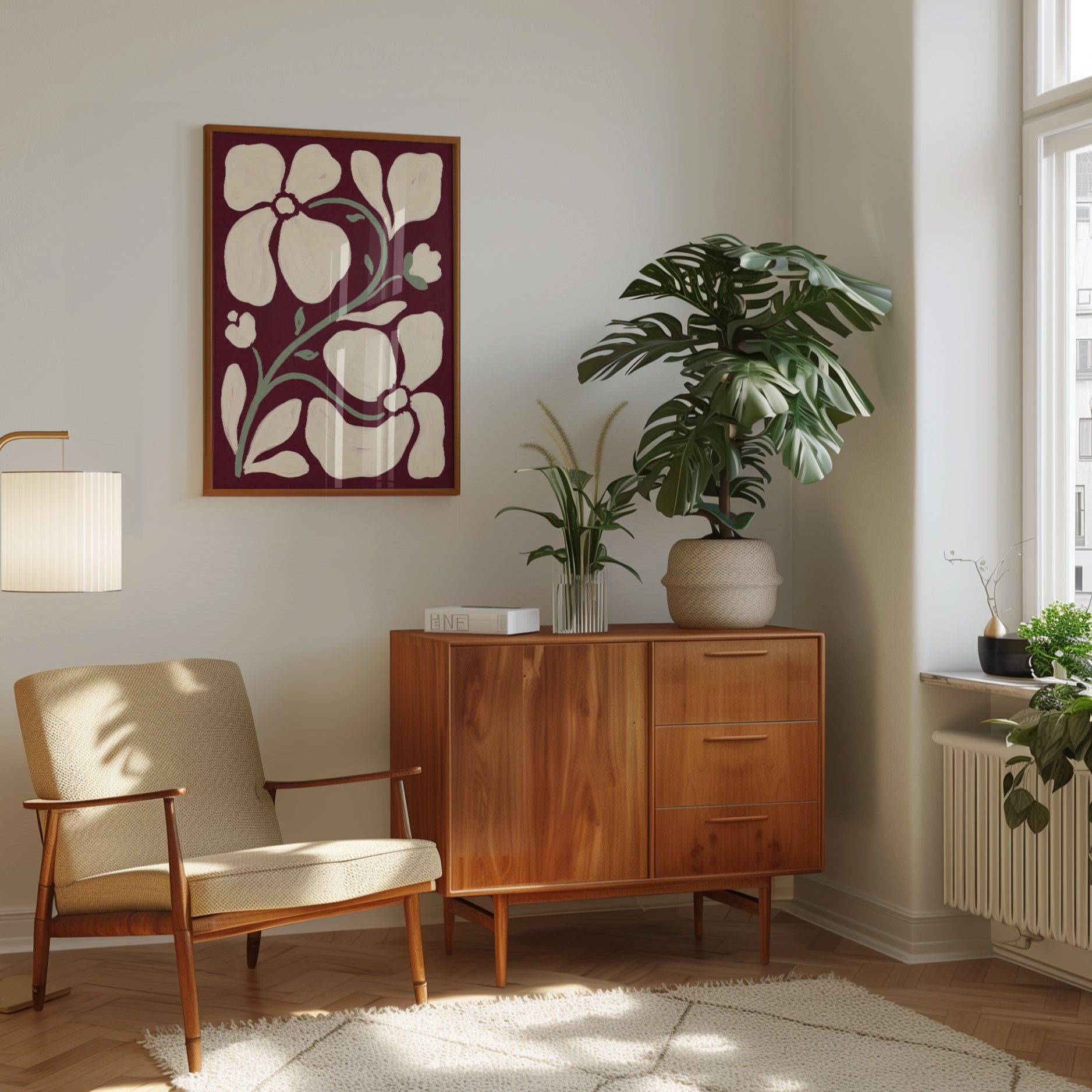 Burgundy Botanical Poster: Abstract Flowers and Leaves - interior