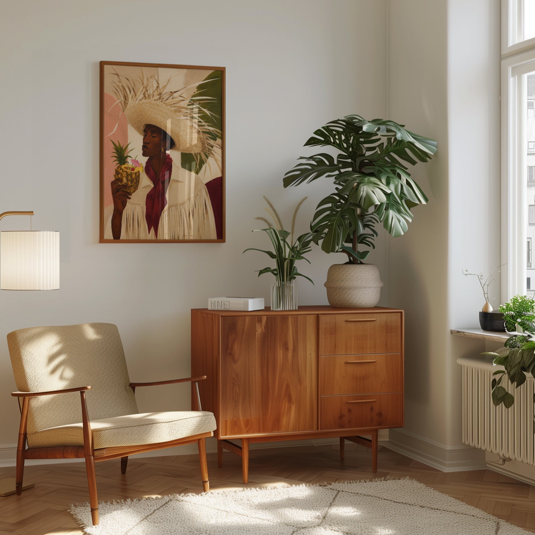 Tropical Paradise Portrait: Woman with Pineapple Cocktail Art Print - interior