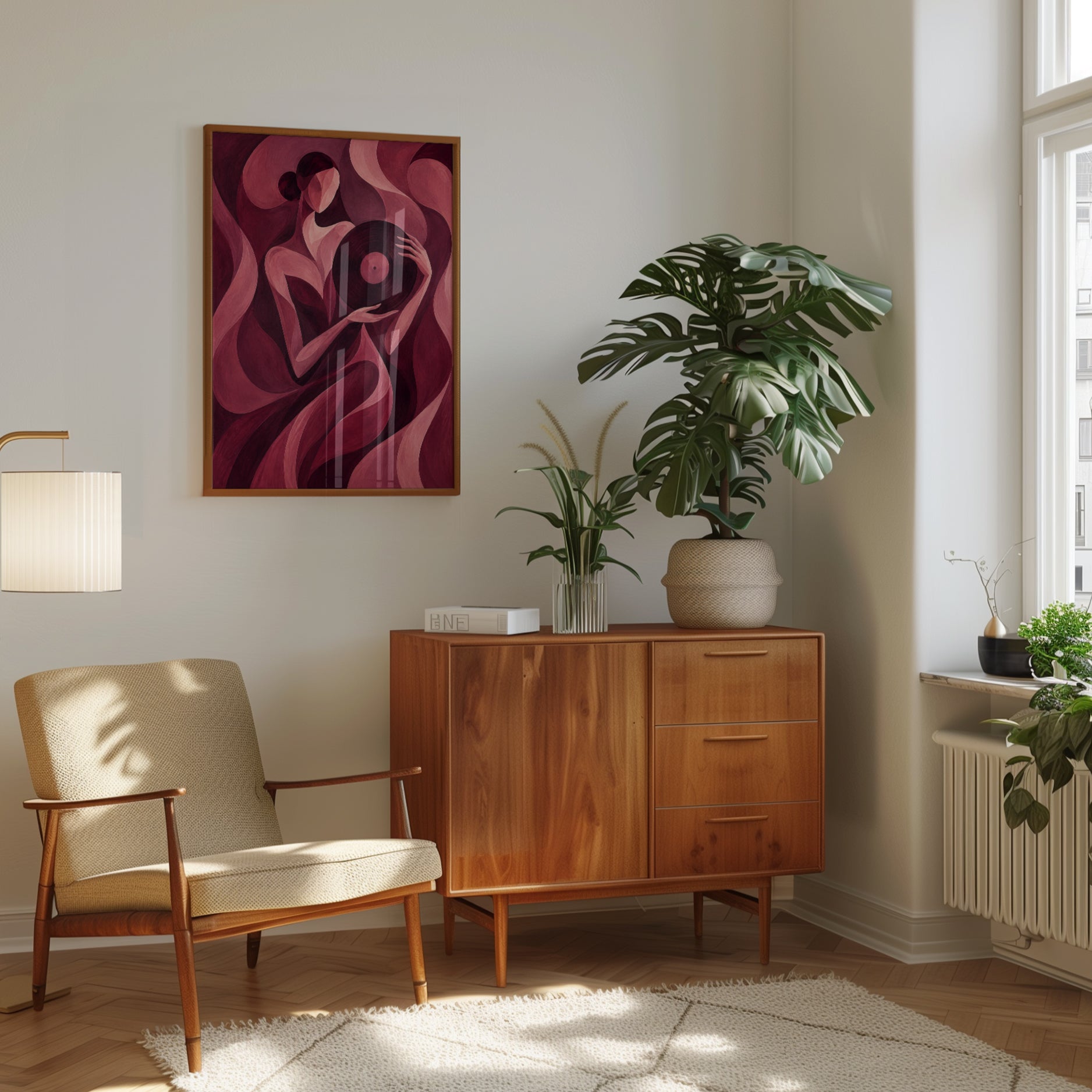 Vinyl Record Listener Art Print: Art Deco Style in Burgundy Pink - interior