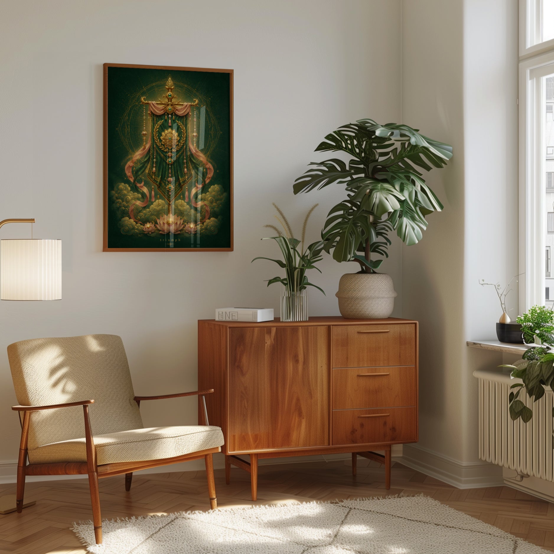 Lotus Flower Wall Art – Green Gold Buddhist Decor - interior