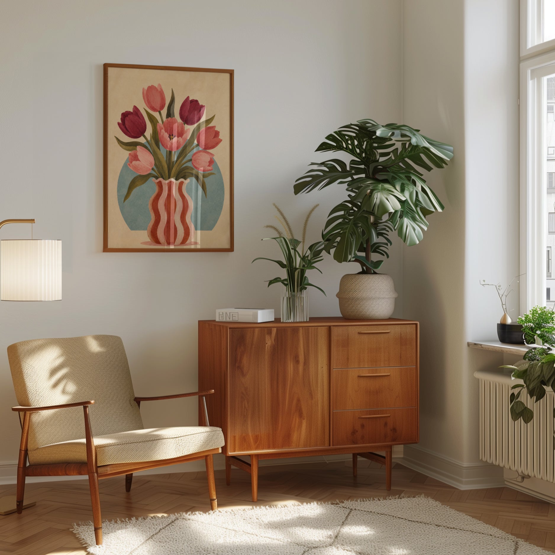 Tulip Vase Wall Art – Retro Floral Print - interior