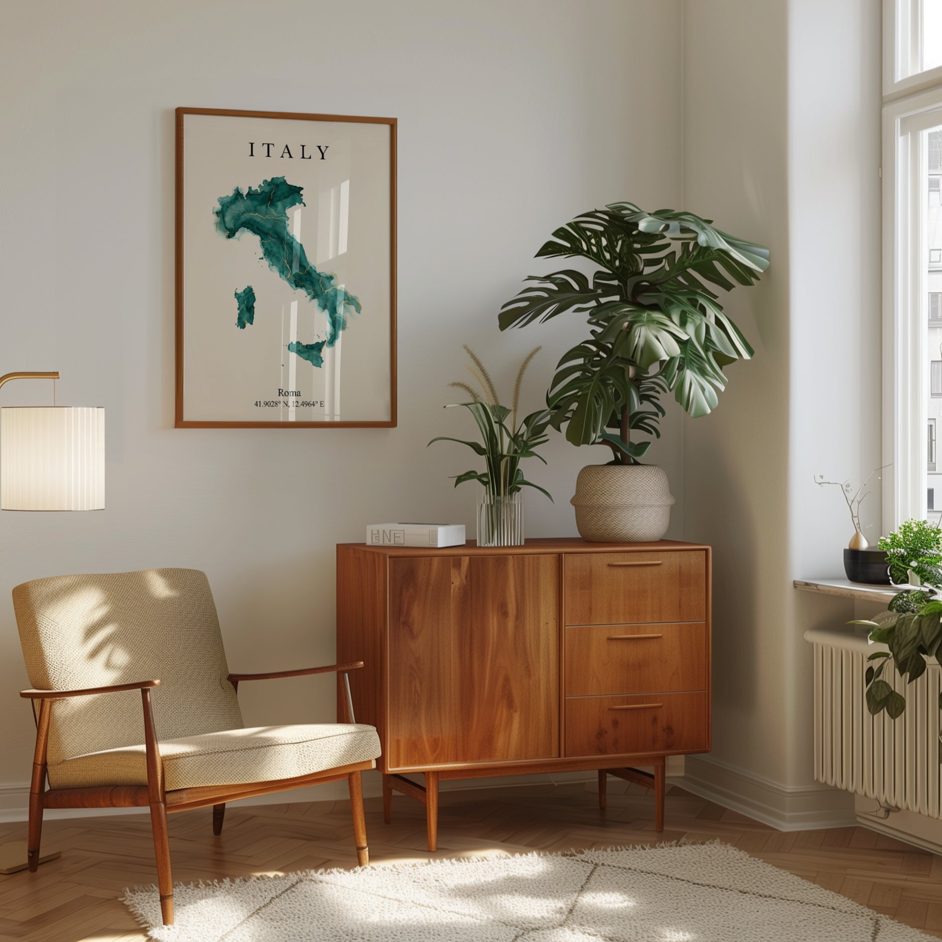 Italy Map Print – Teal Gold Watercolor Cartography Travel Decor - interior