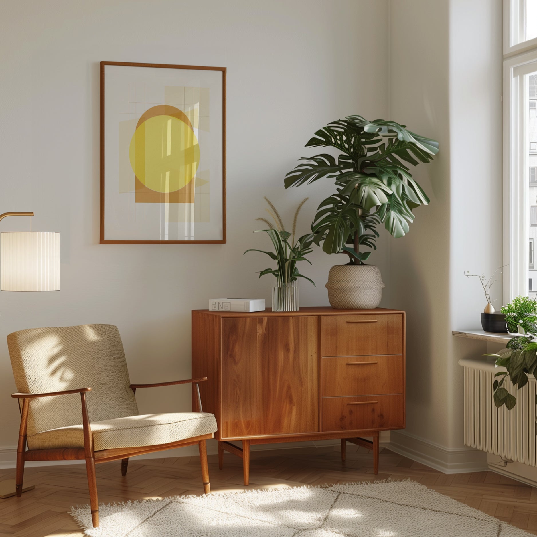 Geometric Sun Art Print: Mid-Century Yellow Circle Composition - interior