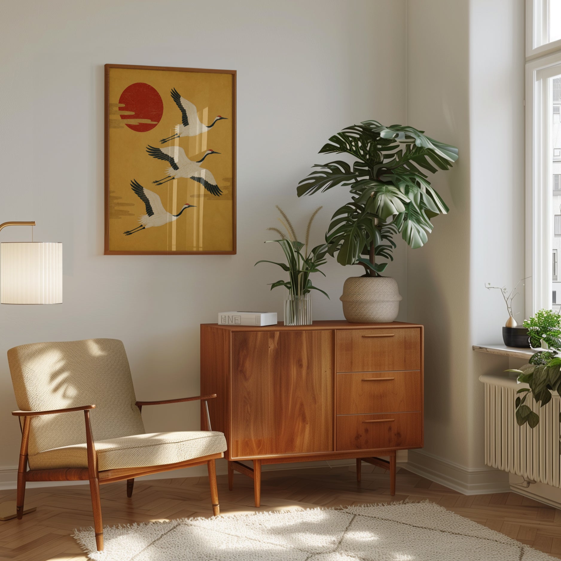 Japanese Crane Print – Vintage Red Sun - interior