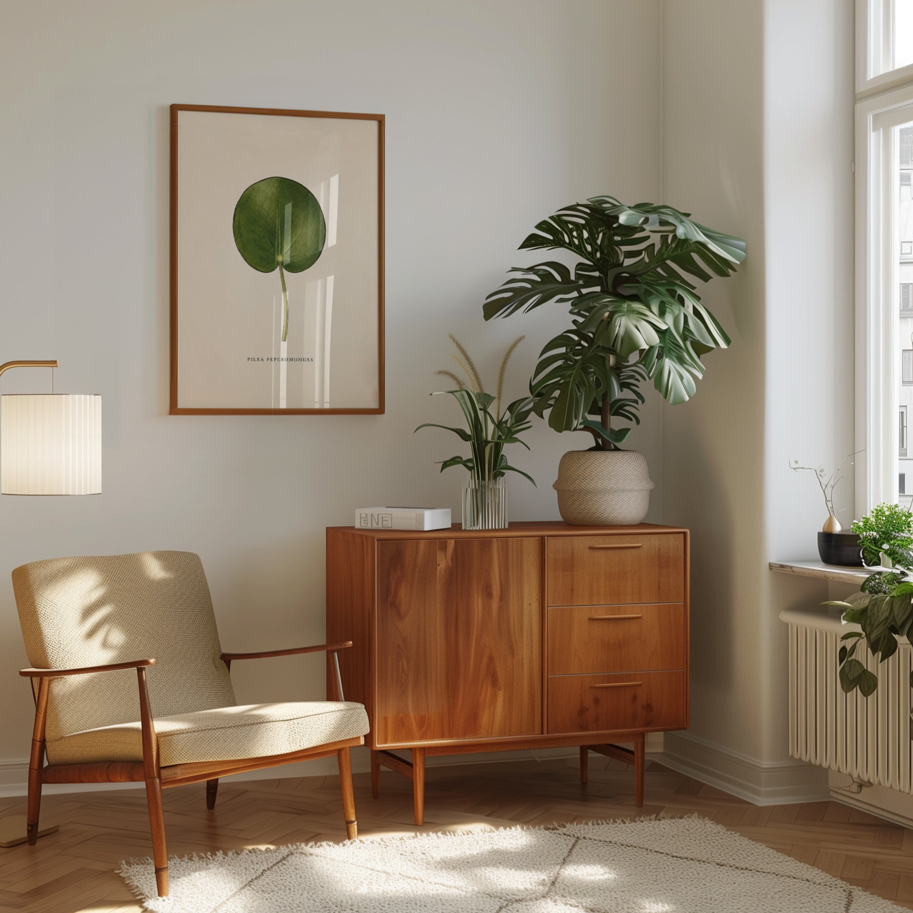 Pilea Peperomioides Botanical Print: Vintage Green Leaf Art - interior