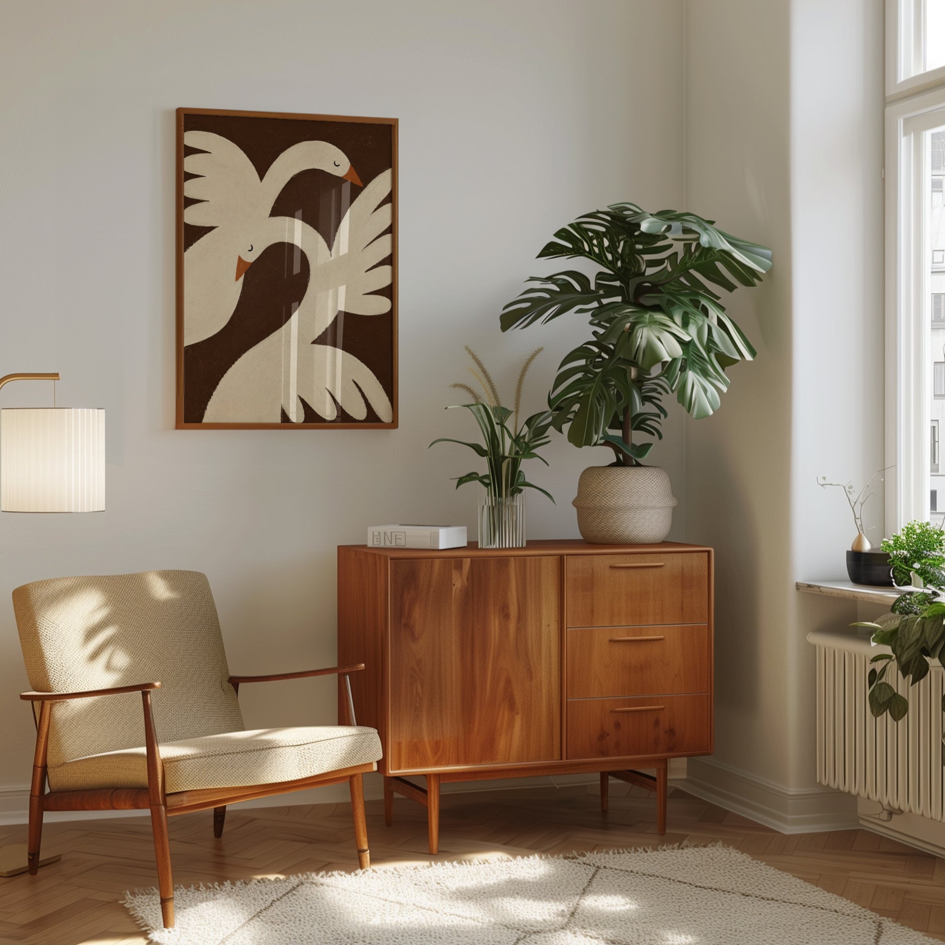 Geometric Swans Art Print: Minimalist Brown and Cream Birds - interior