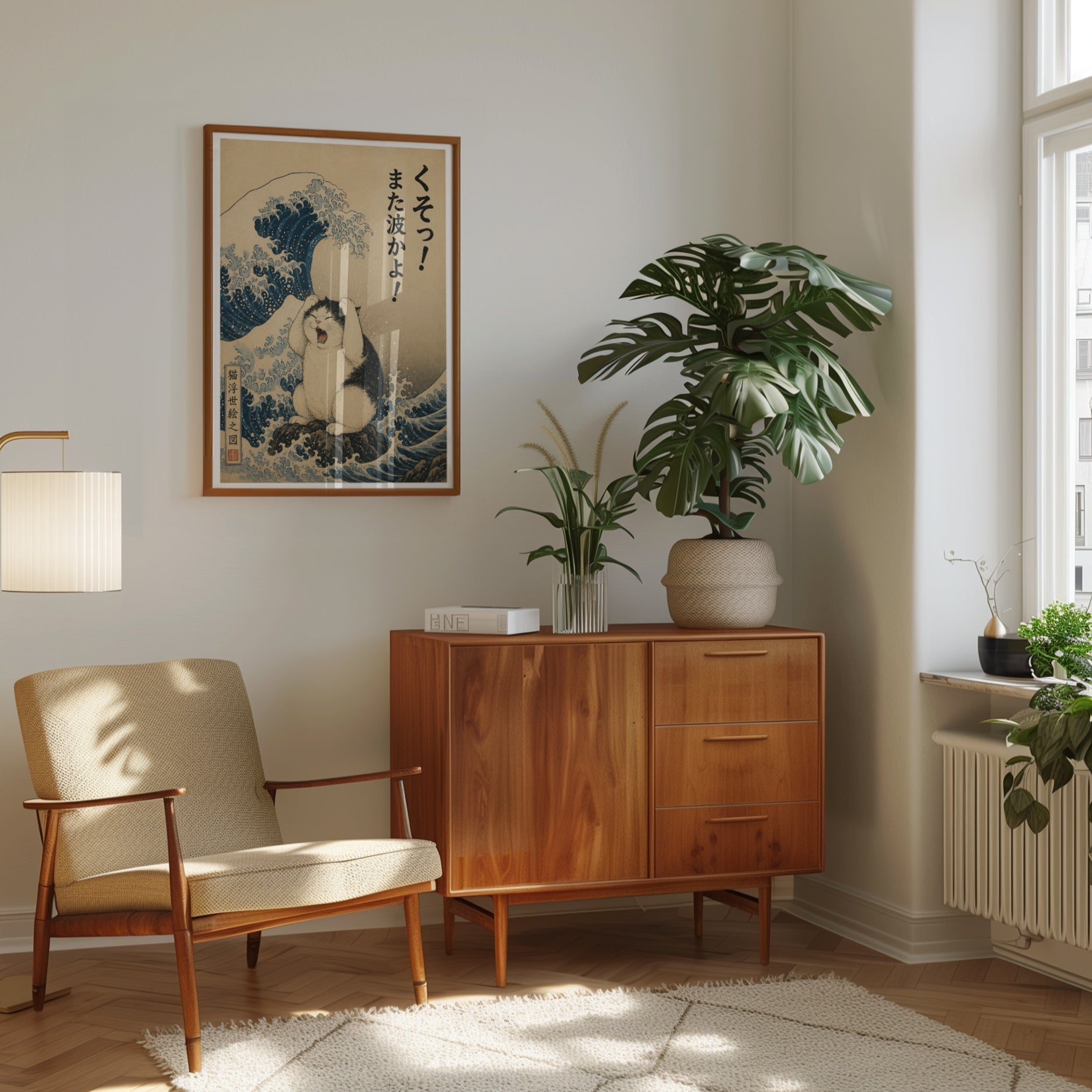Japanese Cat Print – Ukiyo-e Style Wave Art - interior