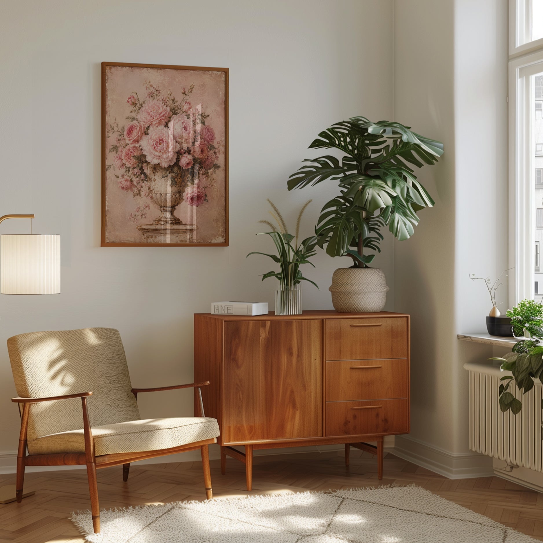 Vintage Floral Wall Art – Pink Rose Print - interior