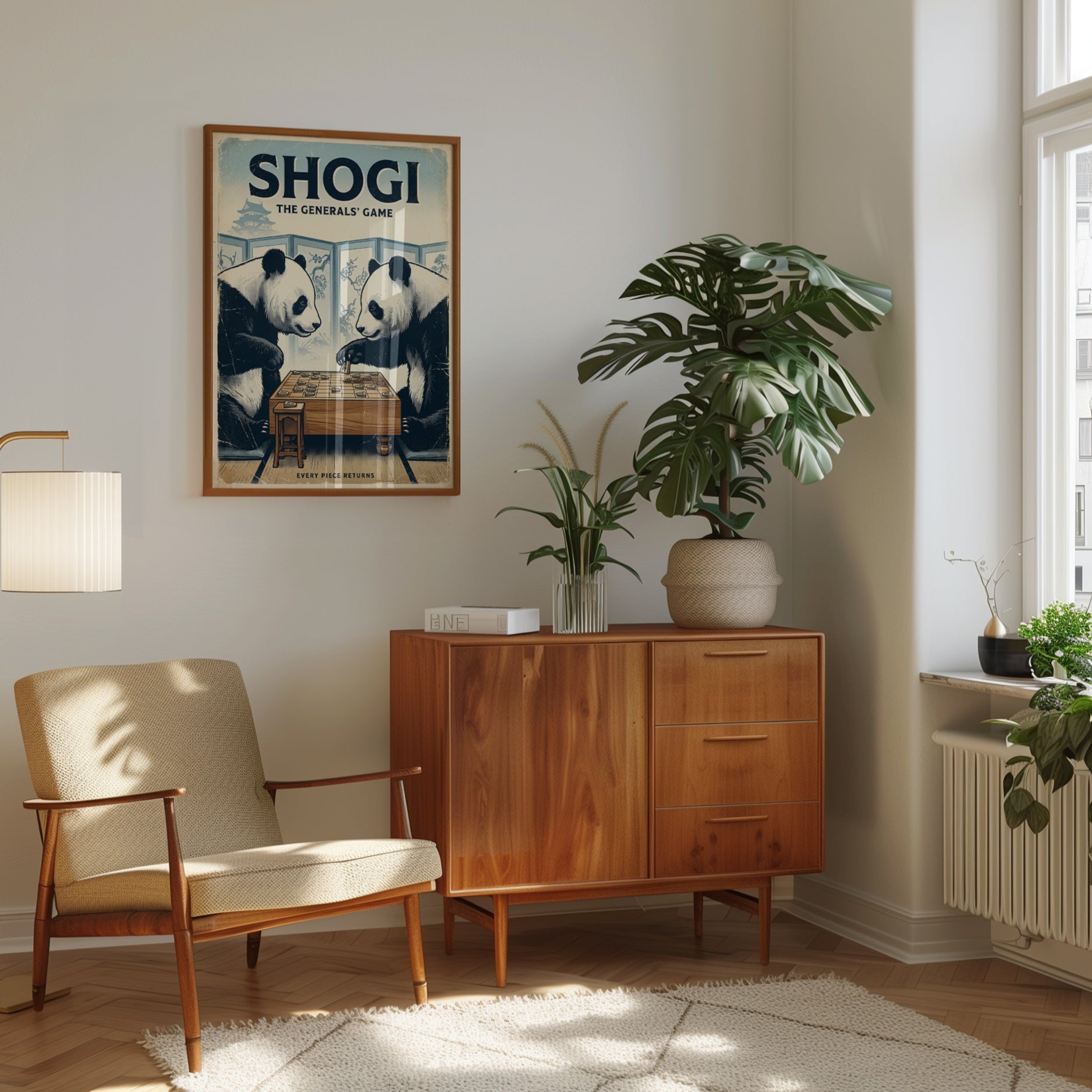 Shogi Pandas Art Print: Vintage Japanese Board Game Poster - interior