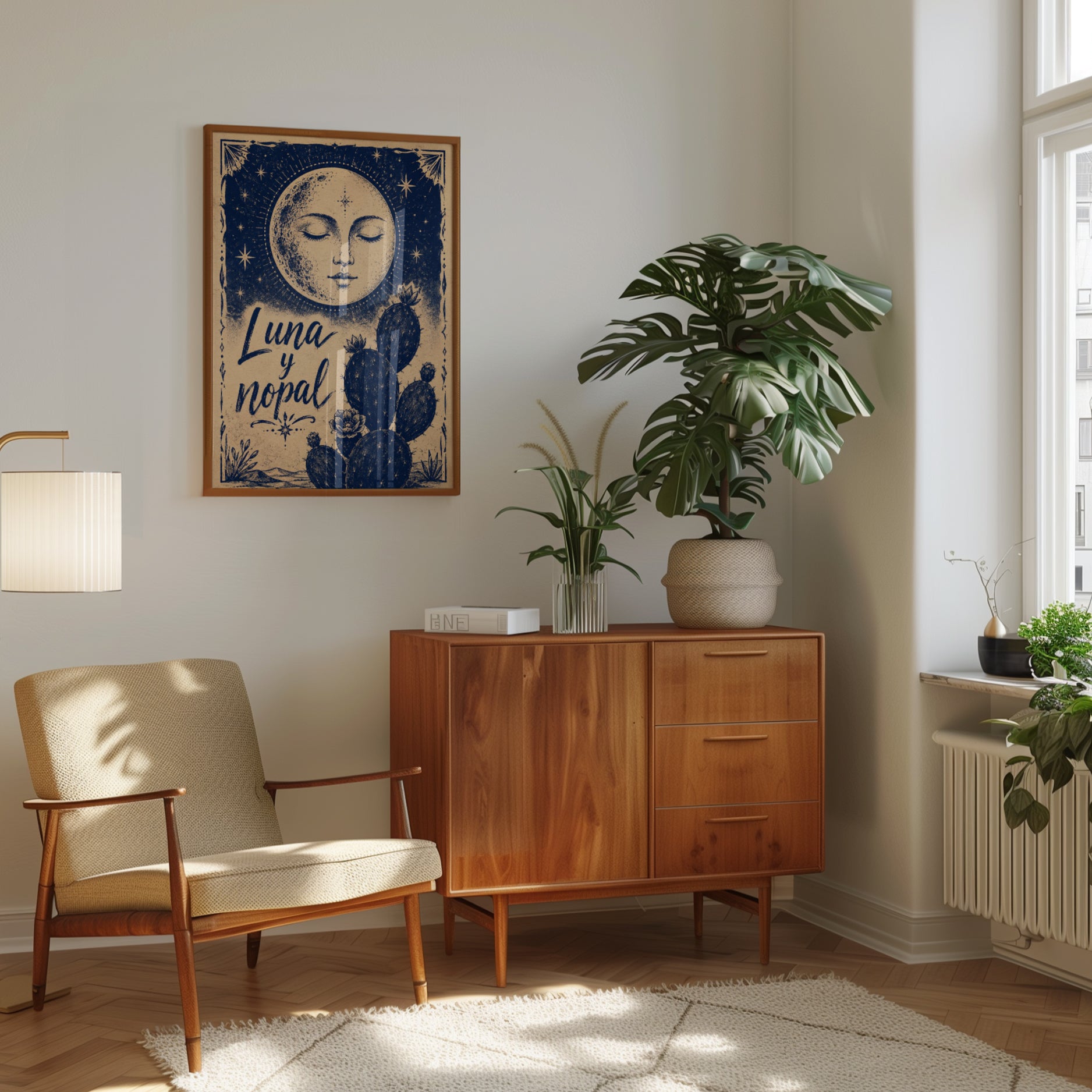 Moon Face and Cactus Wall Art: Celestial Blue Vintage Poster - interior