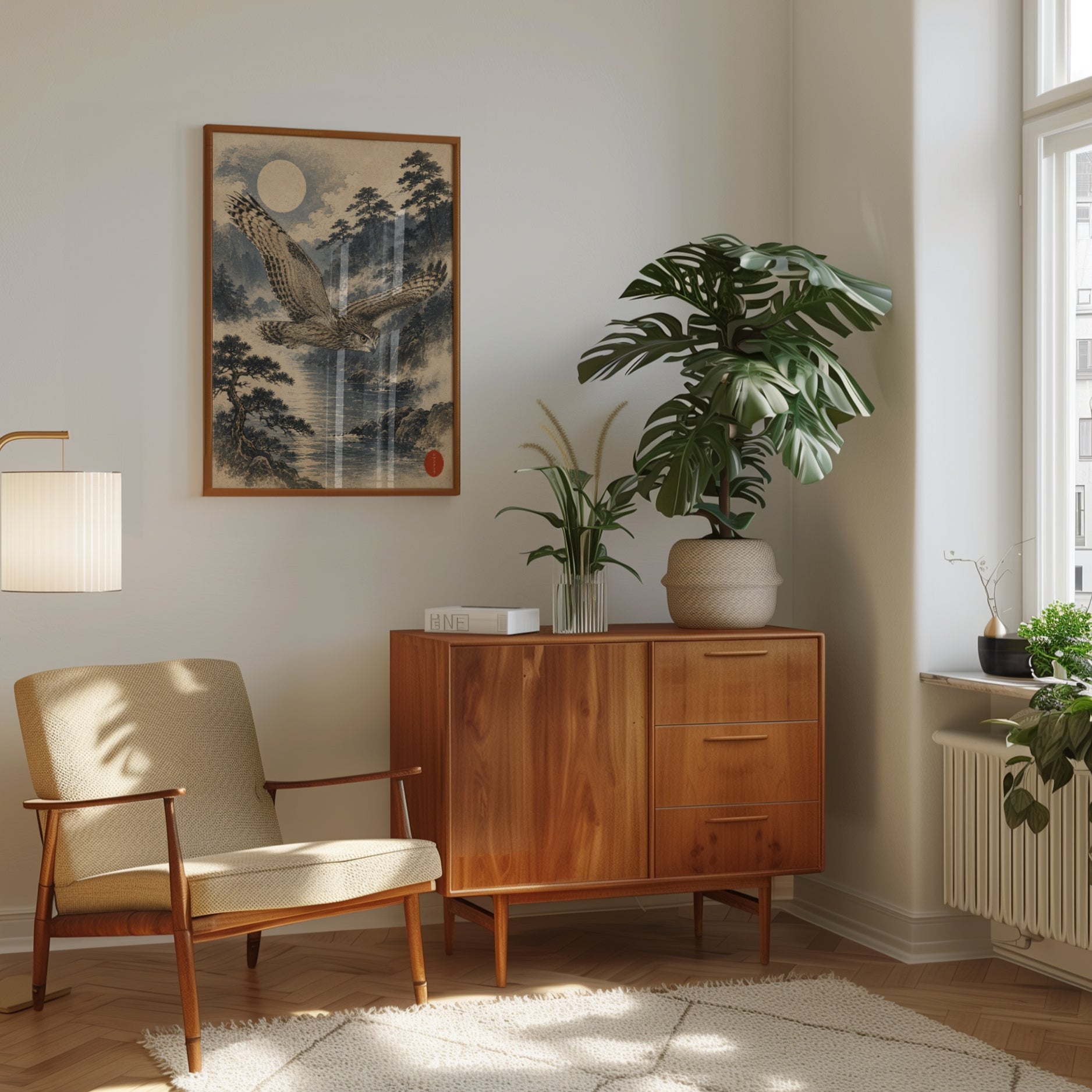 Owl Art Print: Vintage Japanese Landscape - interior