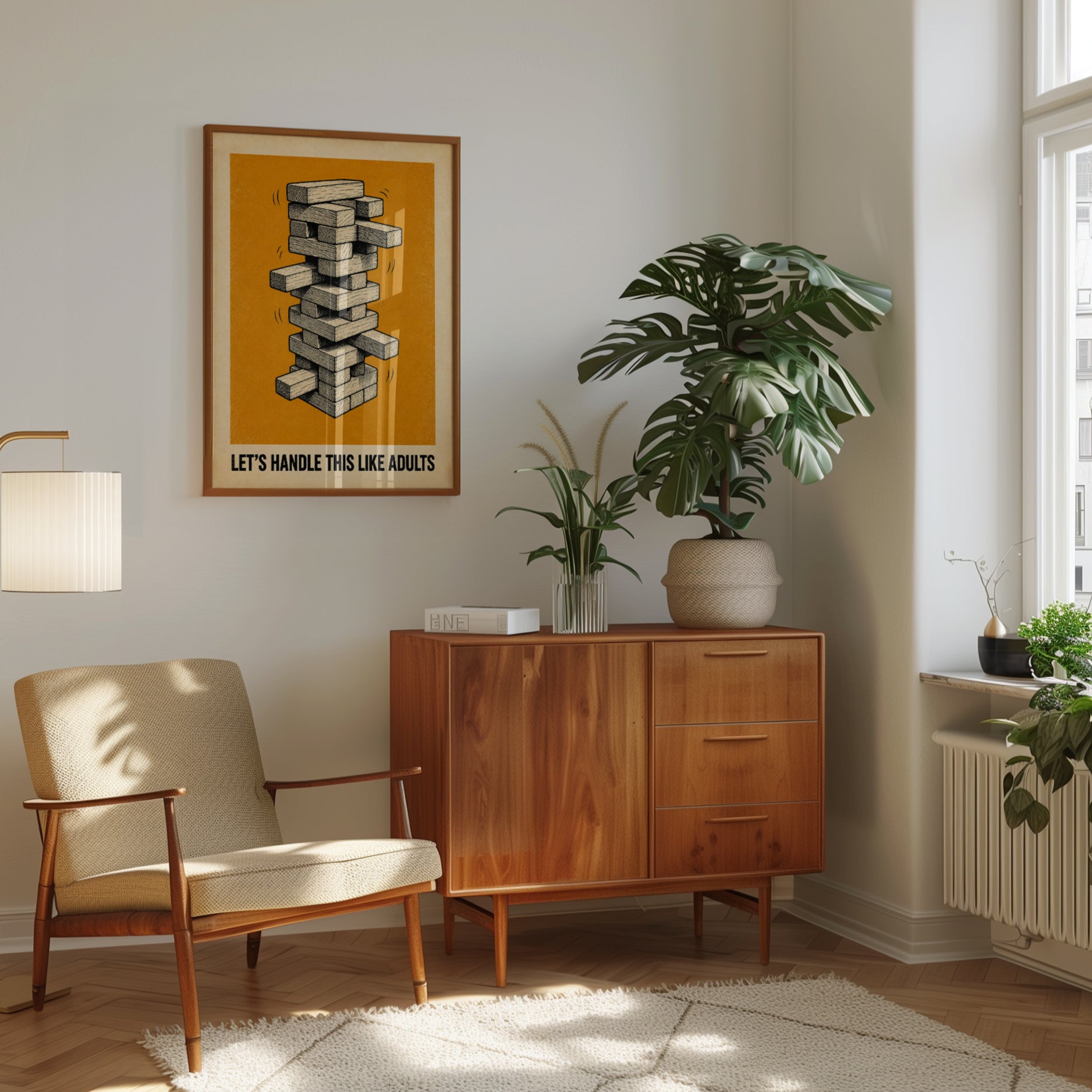 Wooden Block Tower Game Print: Vintage Orange Illustration - interior