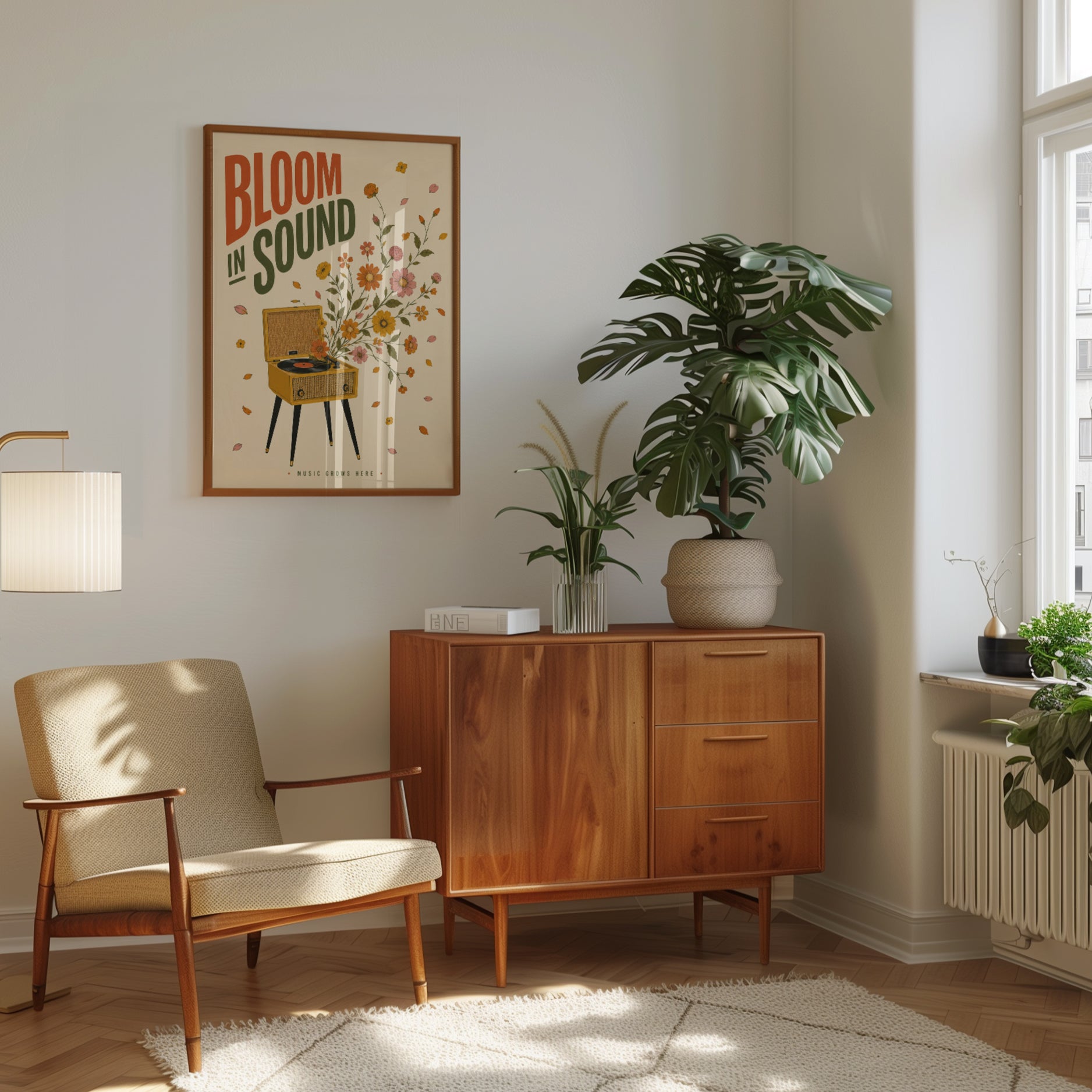 Vintage Record Player with Autumn Florals: Retro Music Poster - interior