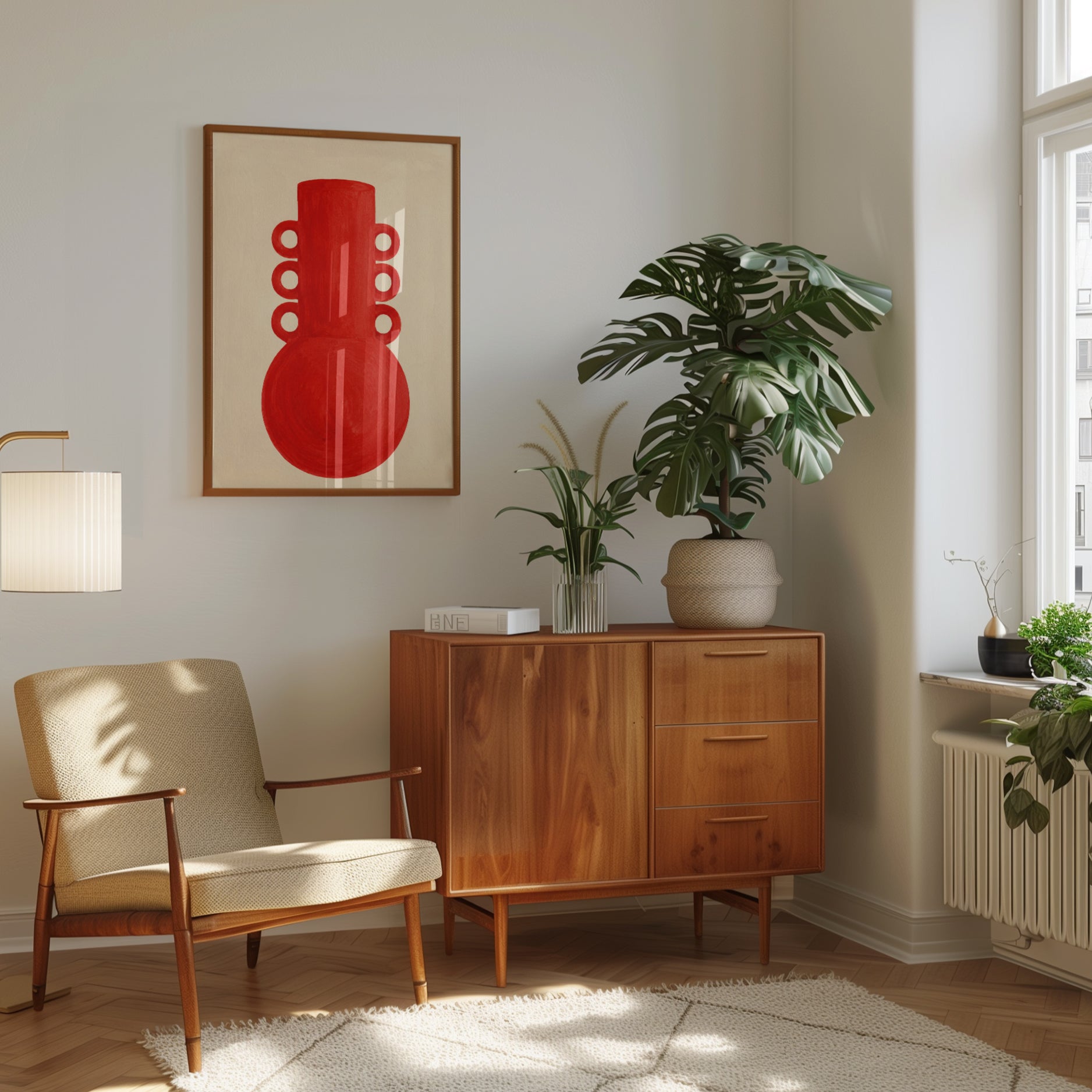 Red Geometric Vase Art Print: Minimalist Mid-Century Design - interior