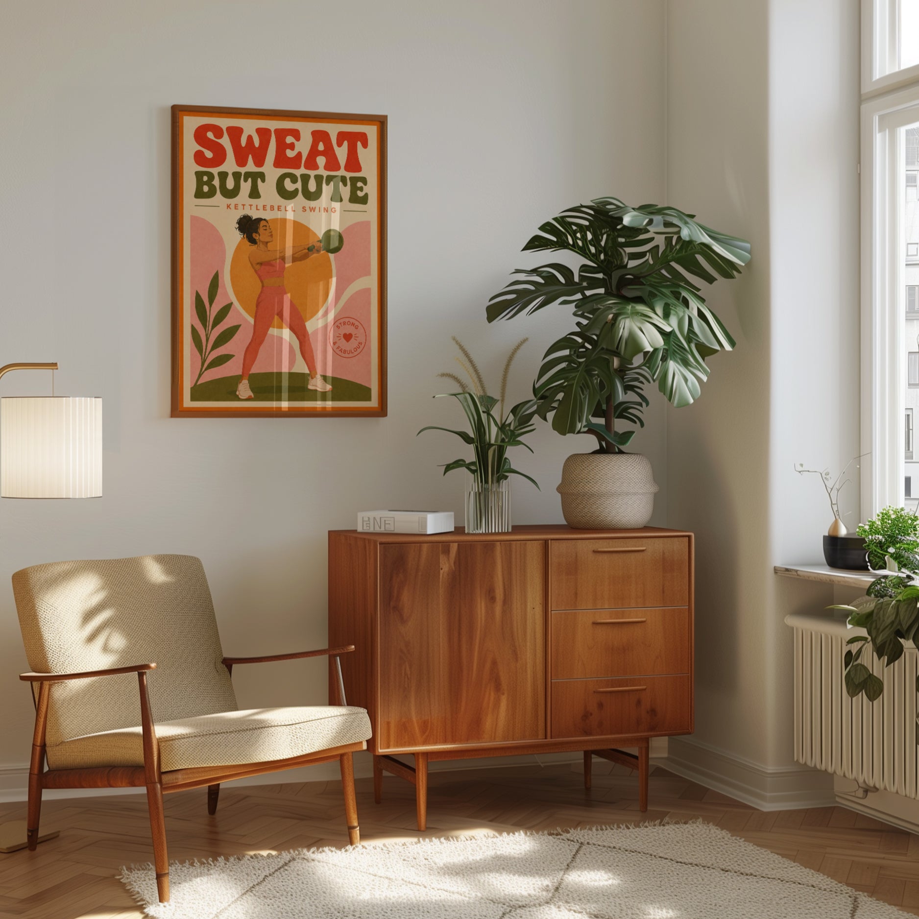 Retro Kettlebell Fitness Poster: Mid-Century Workout Wall Art - interior