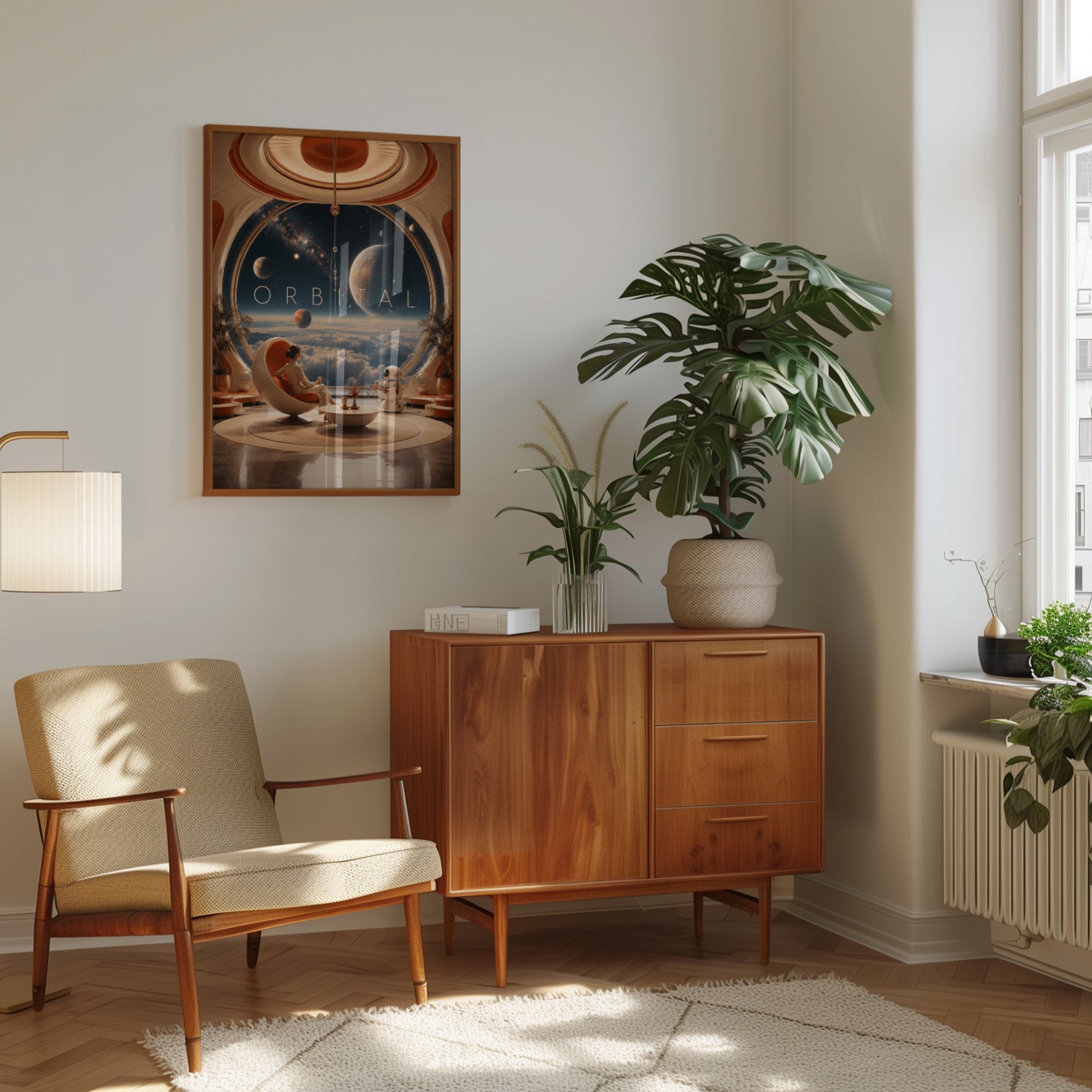 Orbital Space Lounge Art Print: Retro Futuristic Interior Design - interior