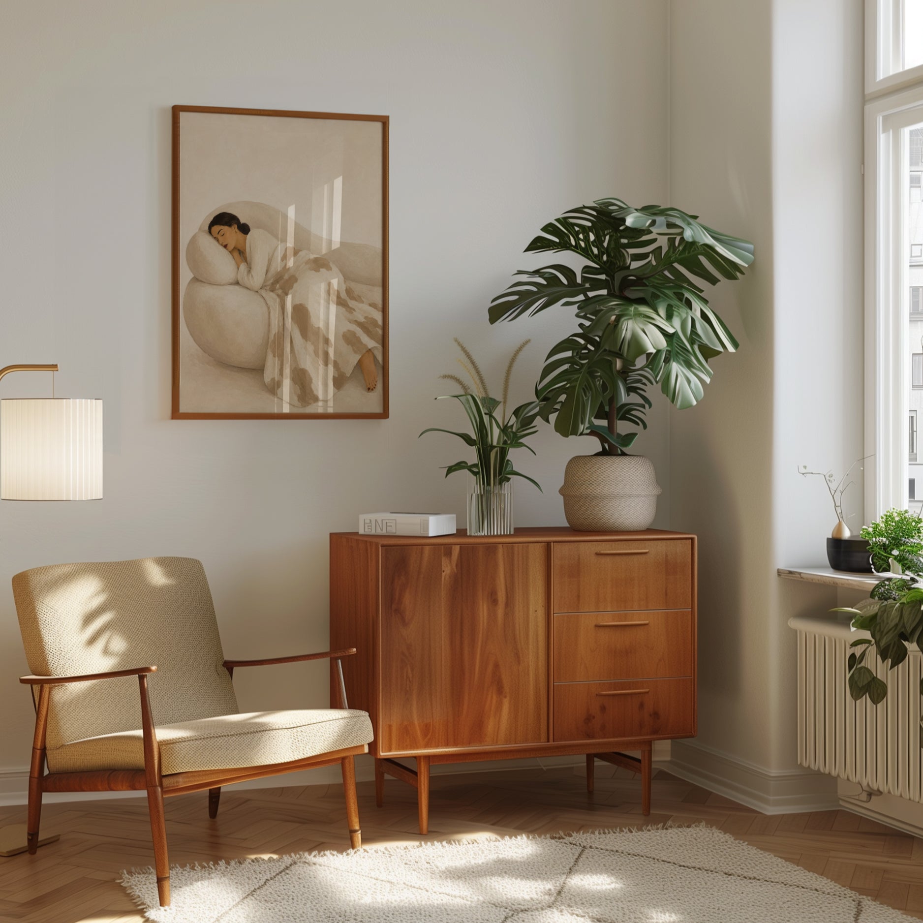 Resting Woman Art Print: Minimalist Beige and Cream Watercolor - interior