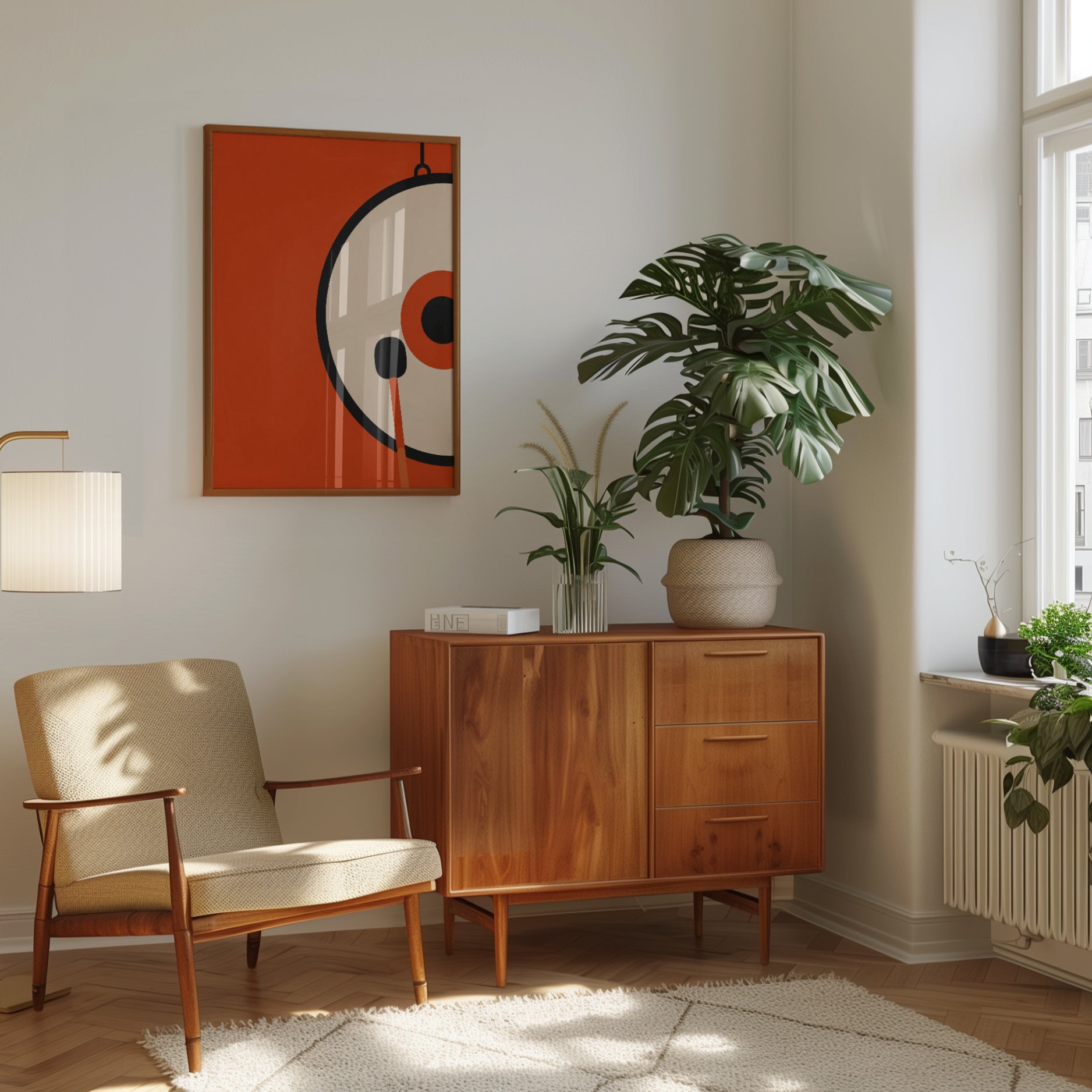 Mid-Century Modern Pendant Lamp Art Print: Orange Geometric Design - interior