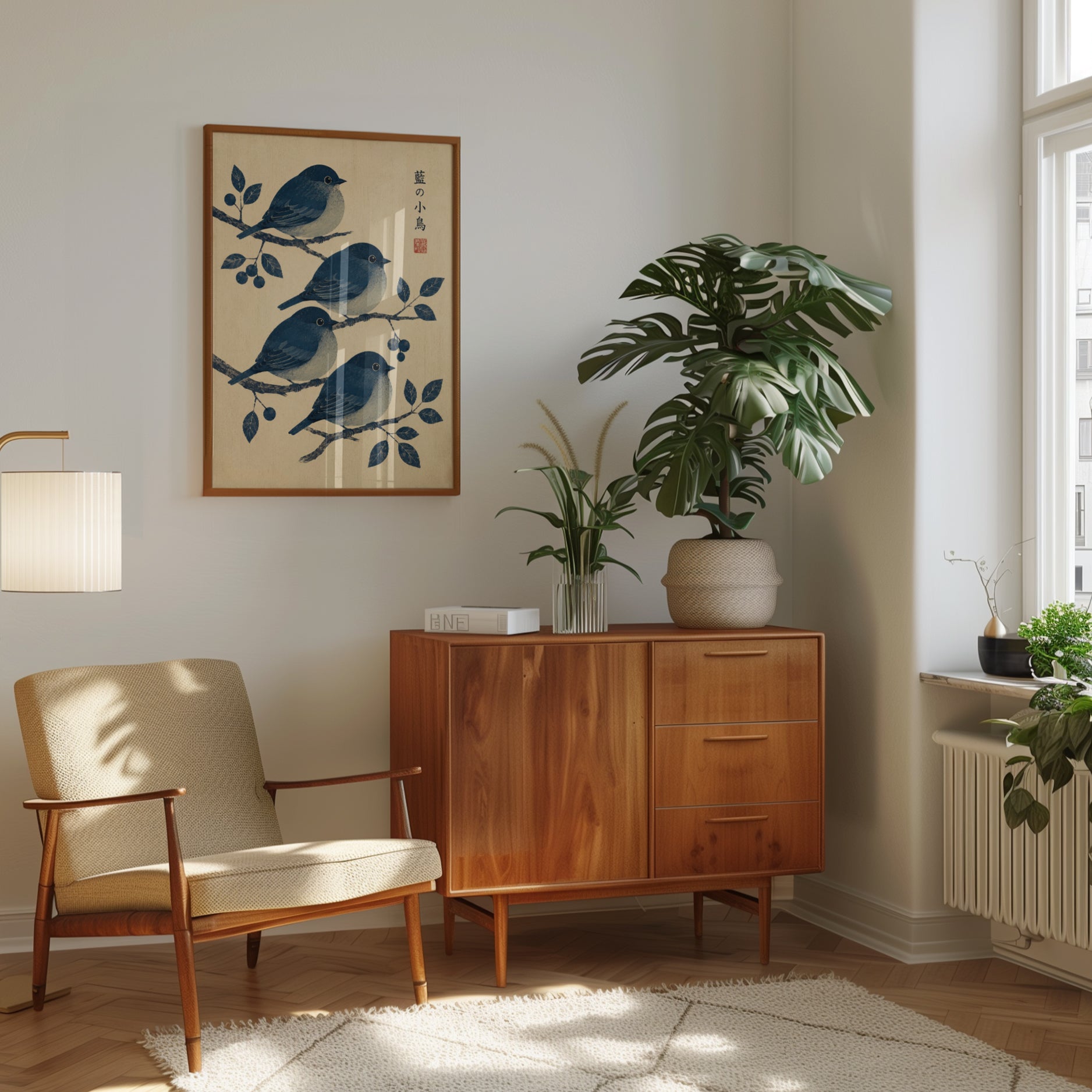 Japanese Blue Birds on Branch: Traditional Woodblock Style Print - interior
