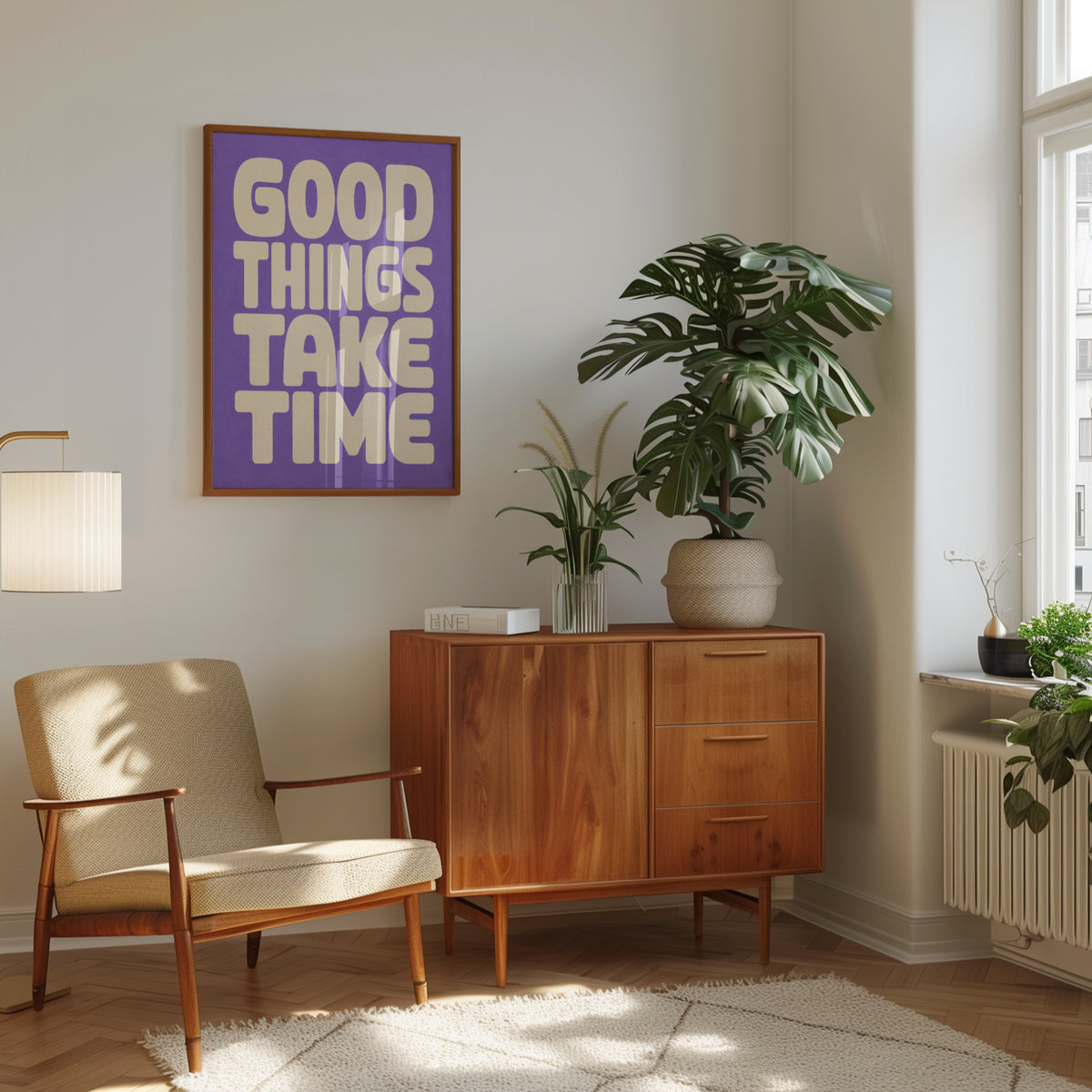 Good Things Take Time Print: Bold Purple Typography Poster - interior