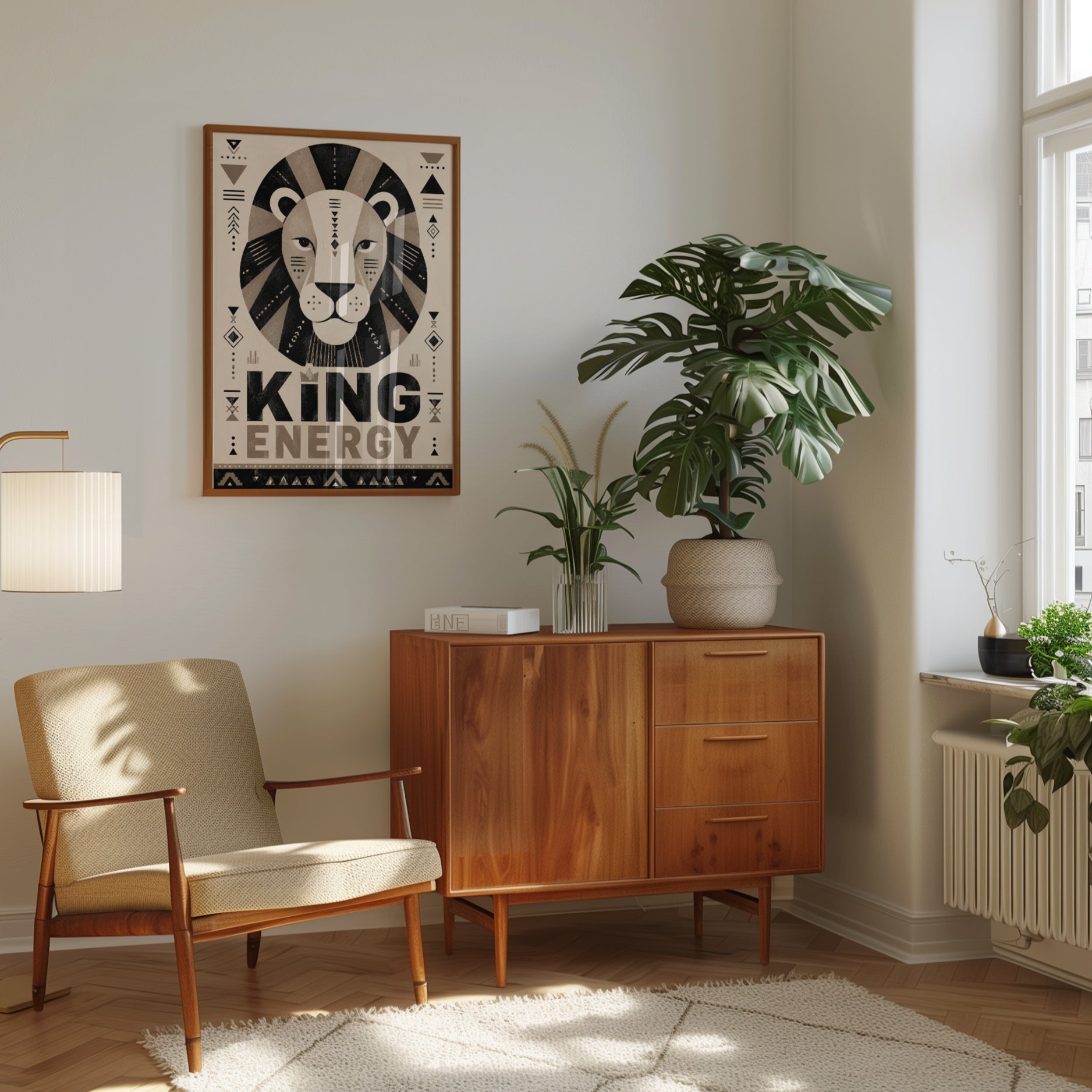 Art Deco Lion Print: Geometric Black and Beige King Energy Poster - interior
