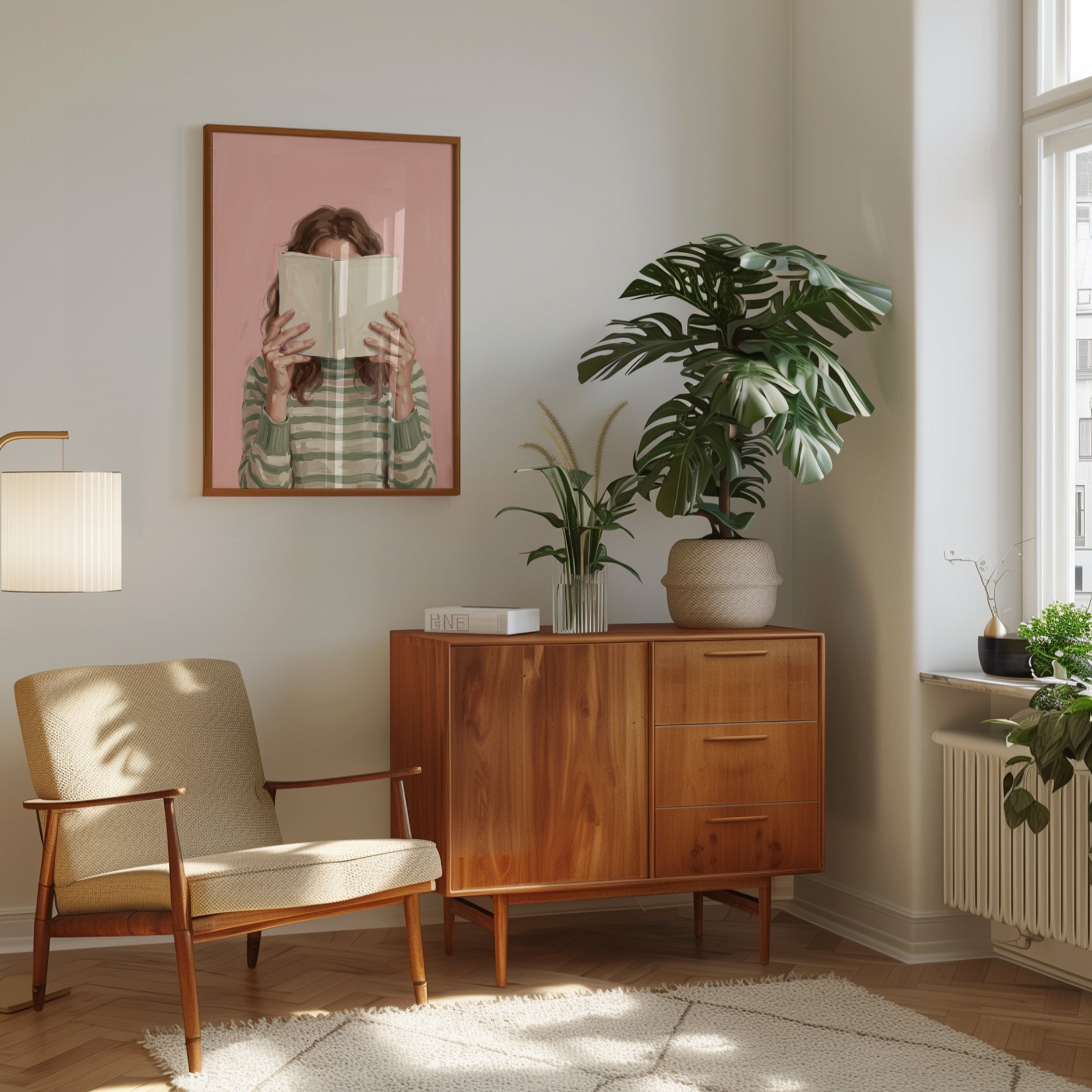 Woman Reading Book Art Print: Contemporary Pink Portrait - interior