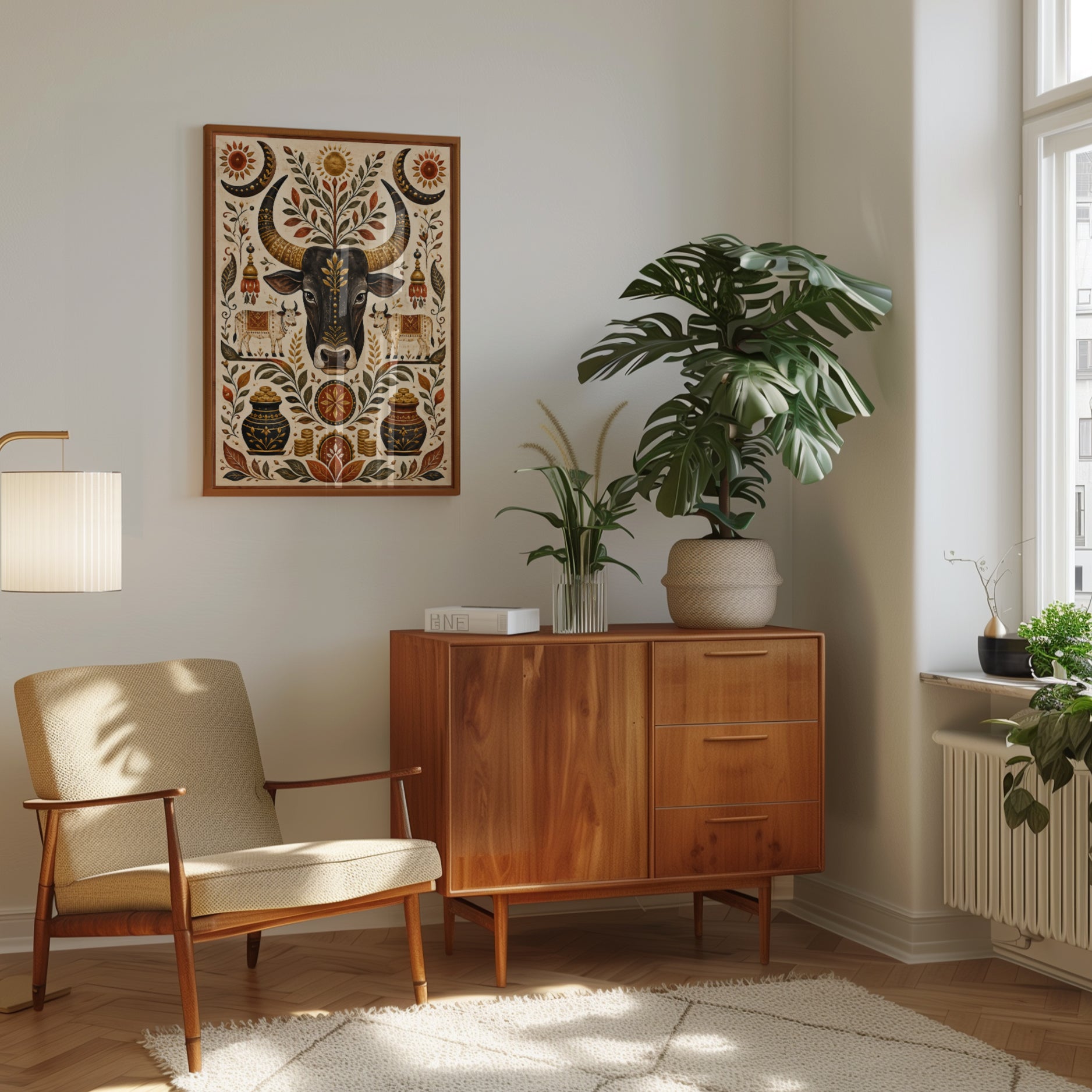 Folk Art Bull Print – Symmetrical Animal Wall Art - interior