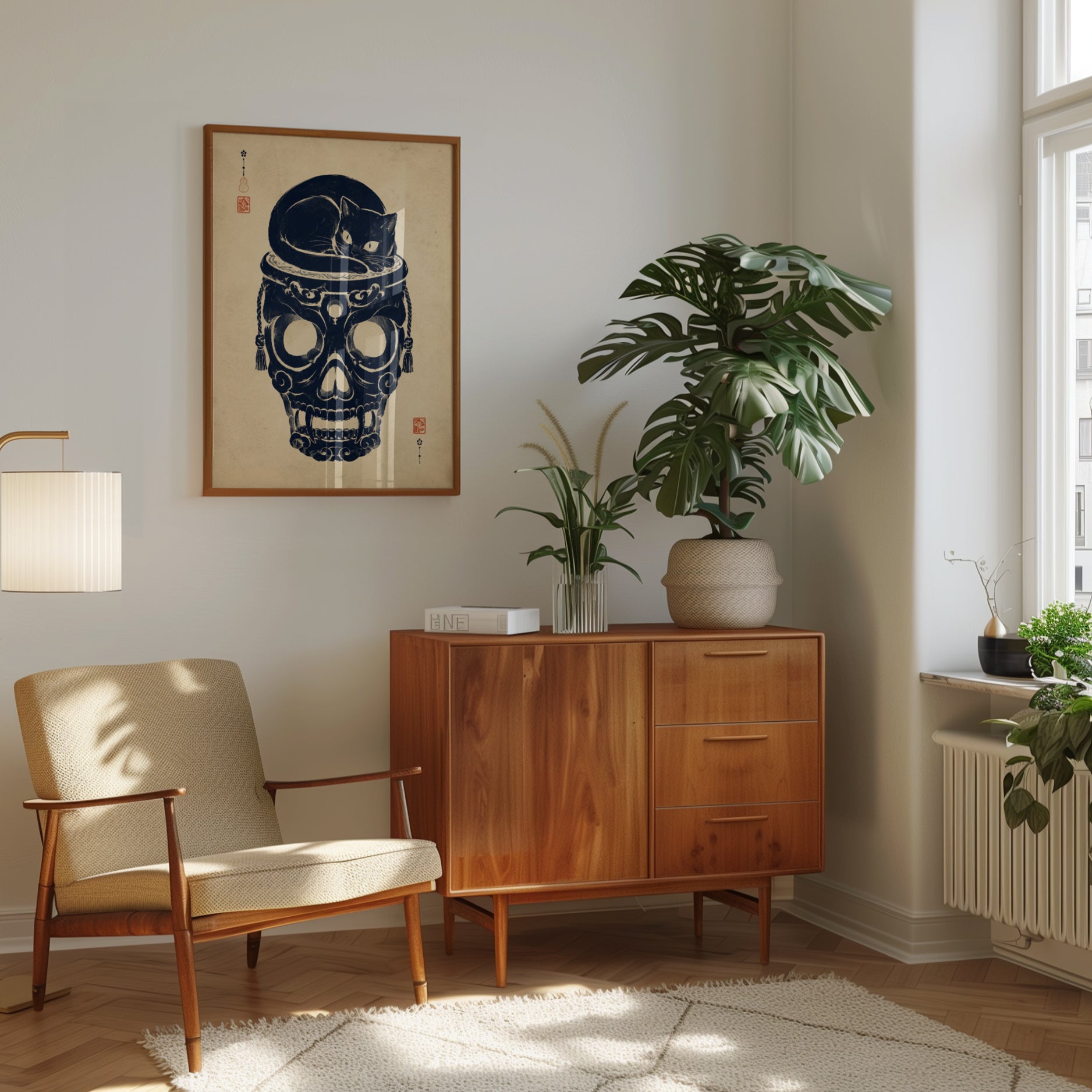 Japanese Cat Skull Art – Black Cat Print - interior