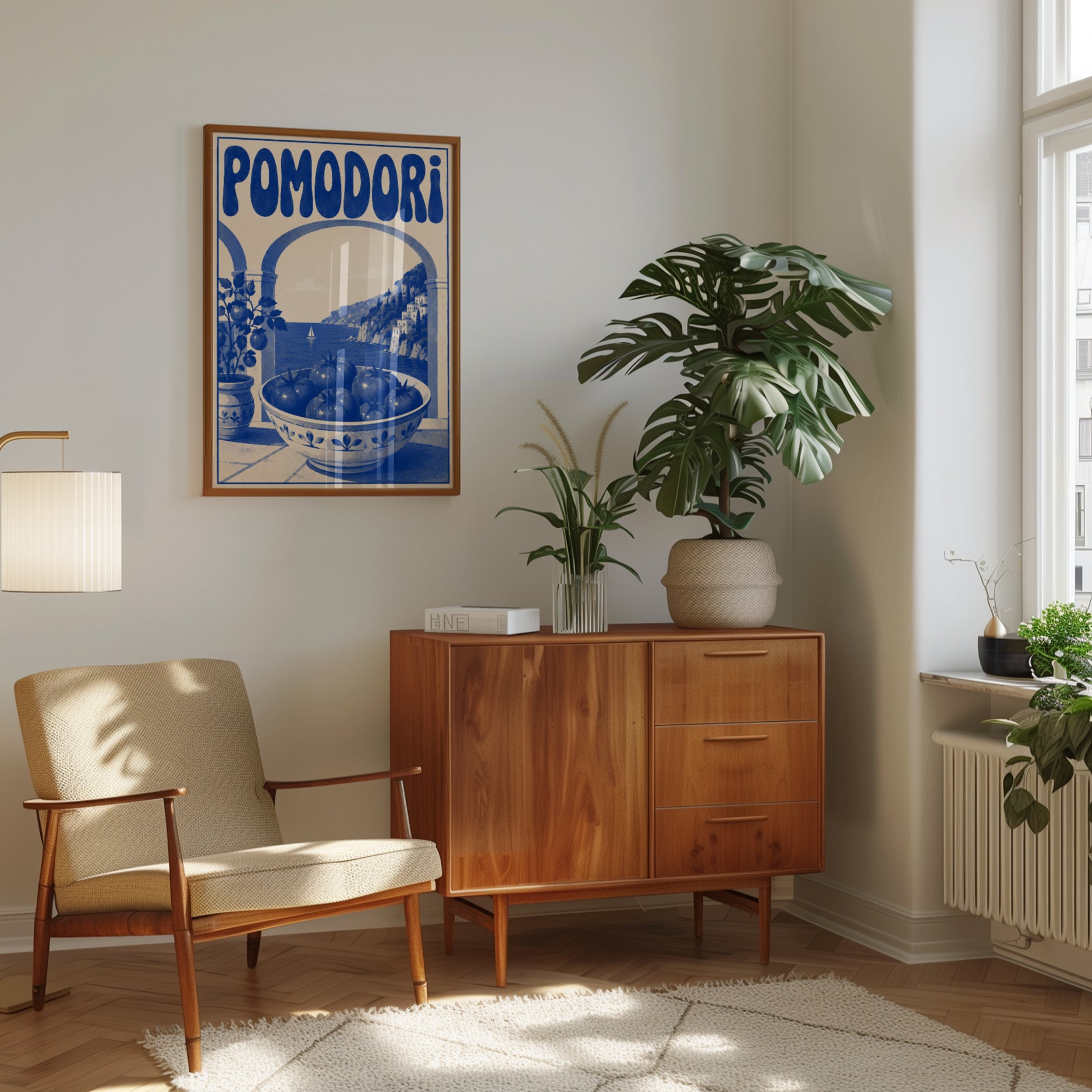 Pomodori Vintage Travel Poster: Italian Coastal Art in Blue & Cream - interior