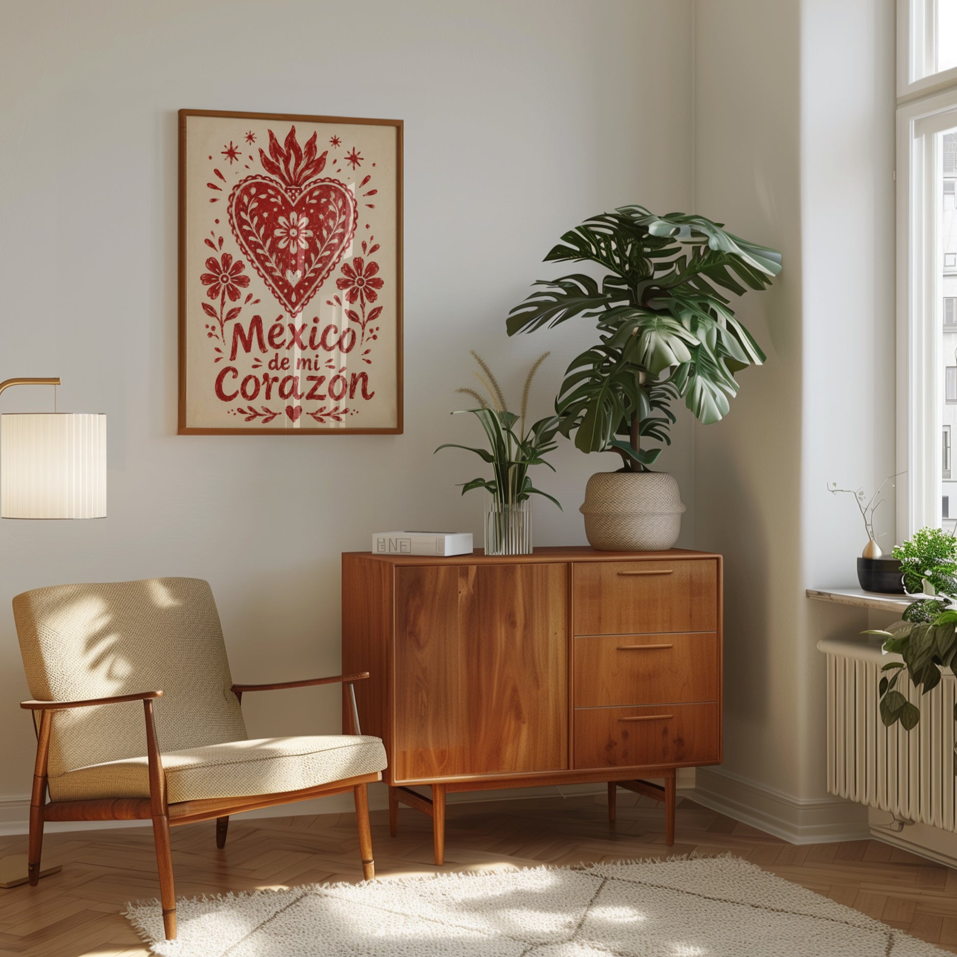 Mexican Folk Art Heart Print: Red Sacred Heart with Flowers - interior