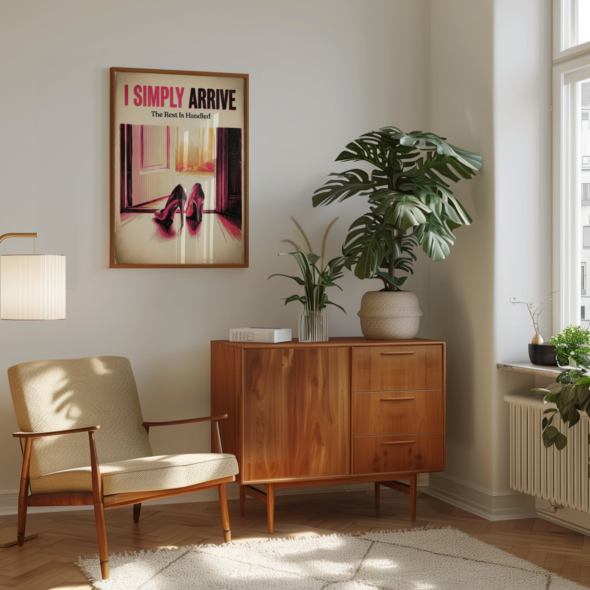 I Simply Arrive Motivational Poster: Vintage Pink Heels Art Print - interior