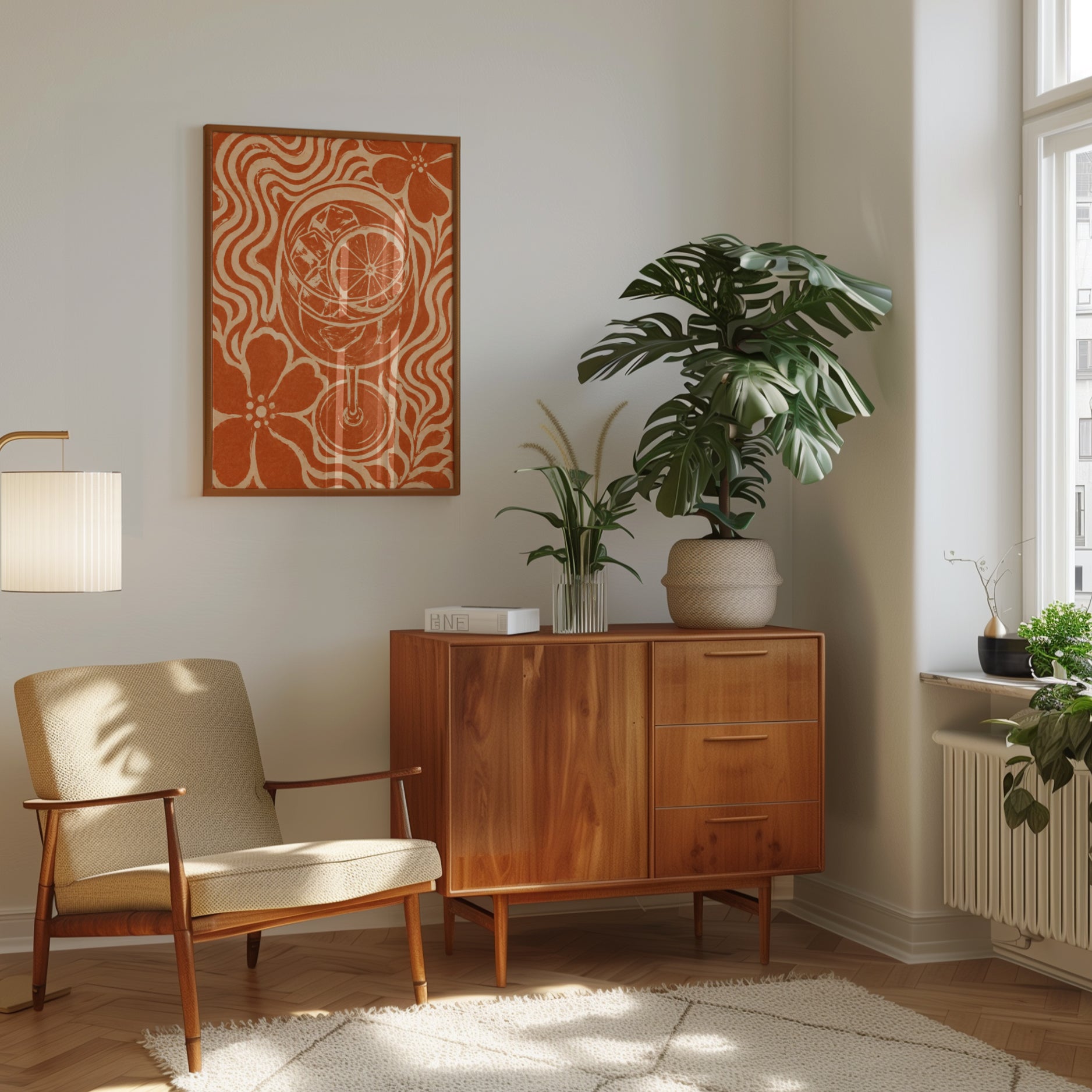 Retro Orange Cocktail Glass Print: Art Nouveau Floral Design - interior