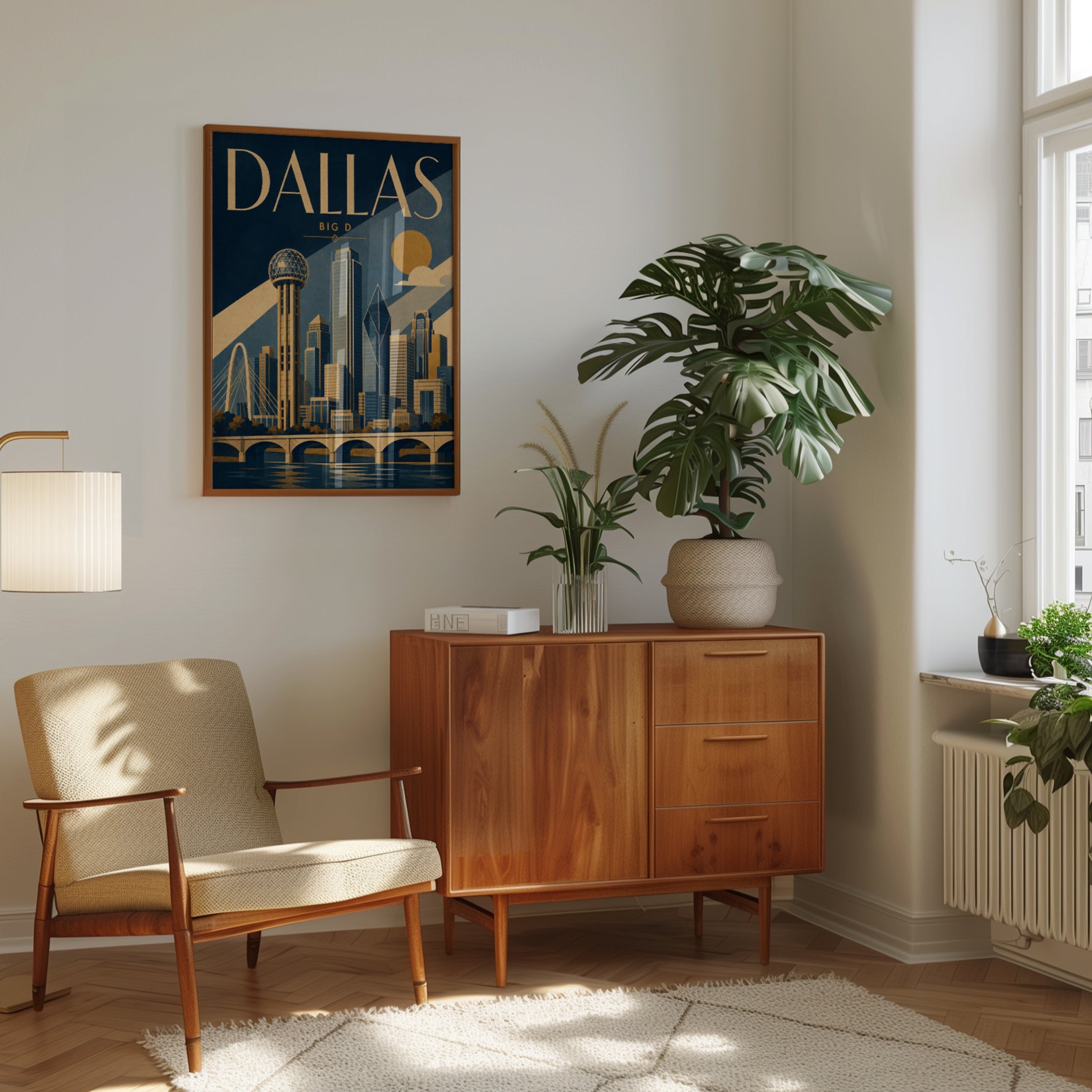 Dallas Skyline Art Print: Art Deco Cityscape Poster in Navy and Gold - interior