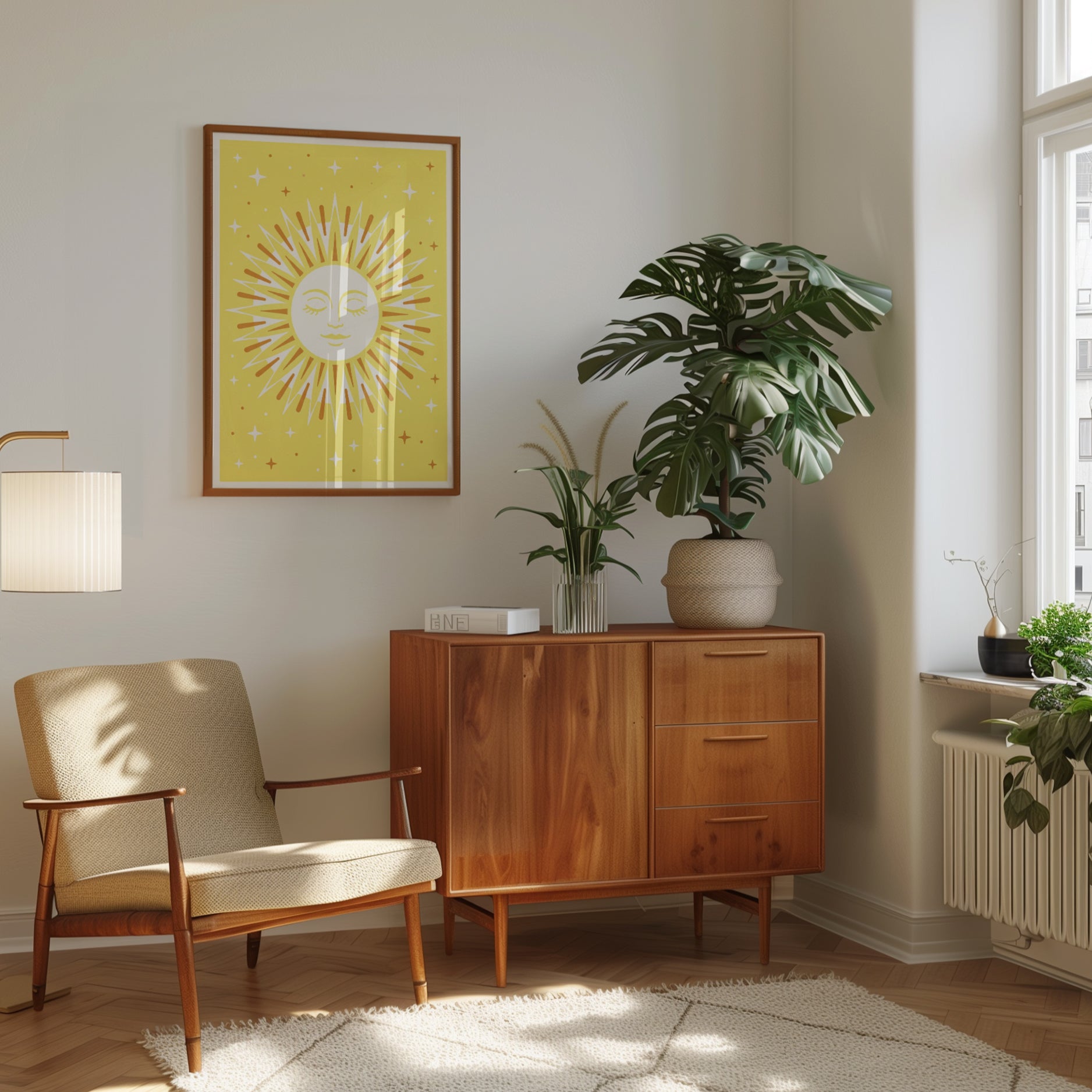 Celestial Sun Face Art Print: Mid-Century Modern Yellow Design - interior