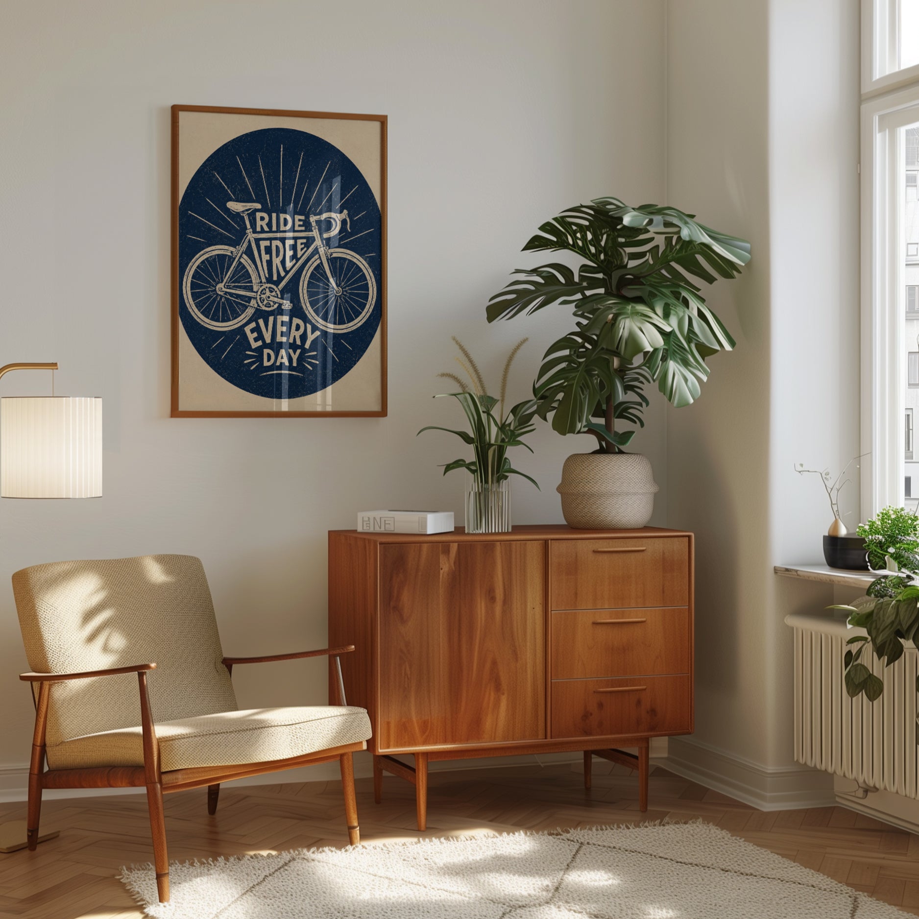 Ride Free Bicycle Print: Retro Cycling Poster (Navy Blue) - interior