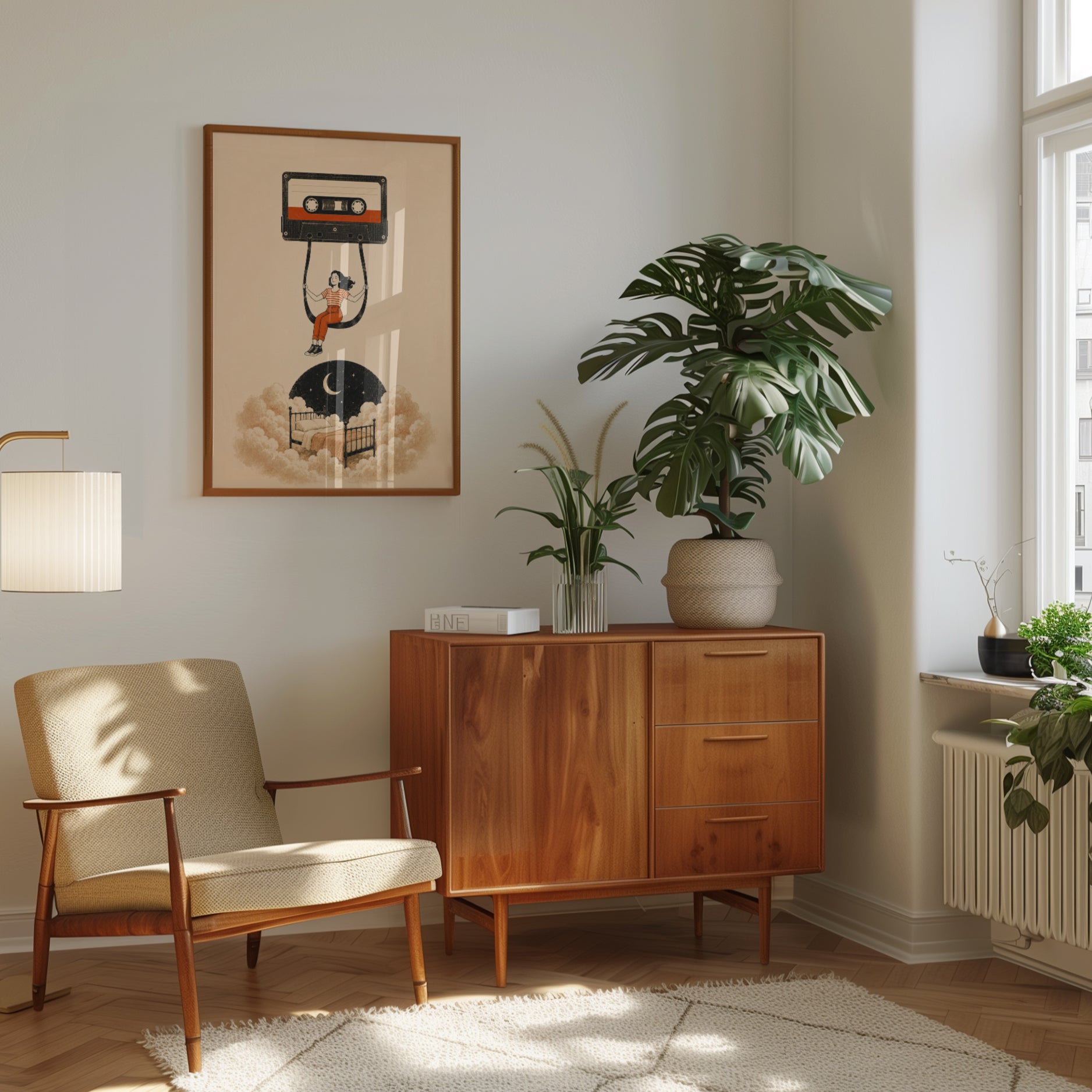 Retro Cassette Tape Dream Art Print: Surrealist Bedroom Clouds - interior