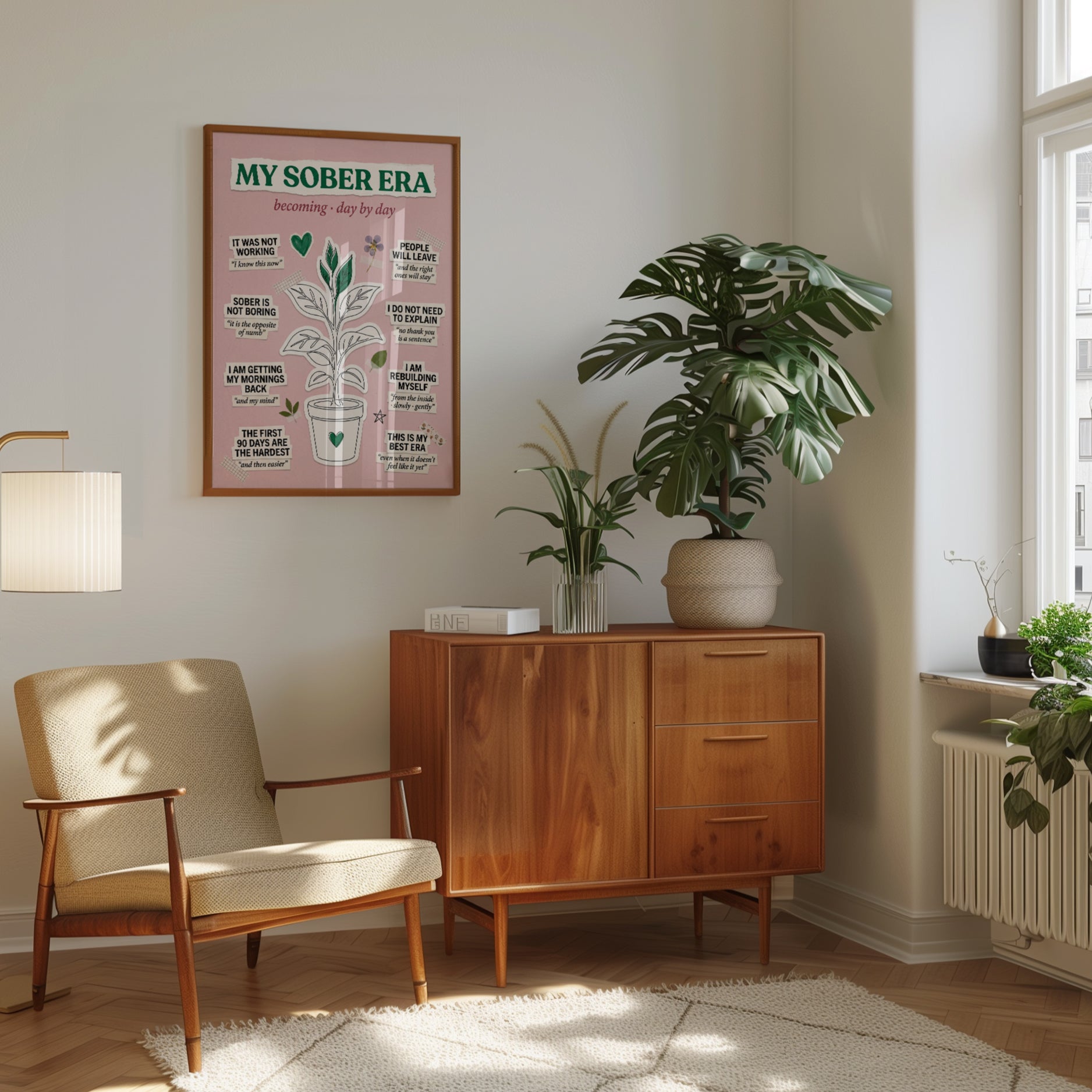 Sobriety Affirmation Print: Pink Recovery Art with Motivational Quotes - interior