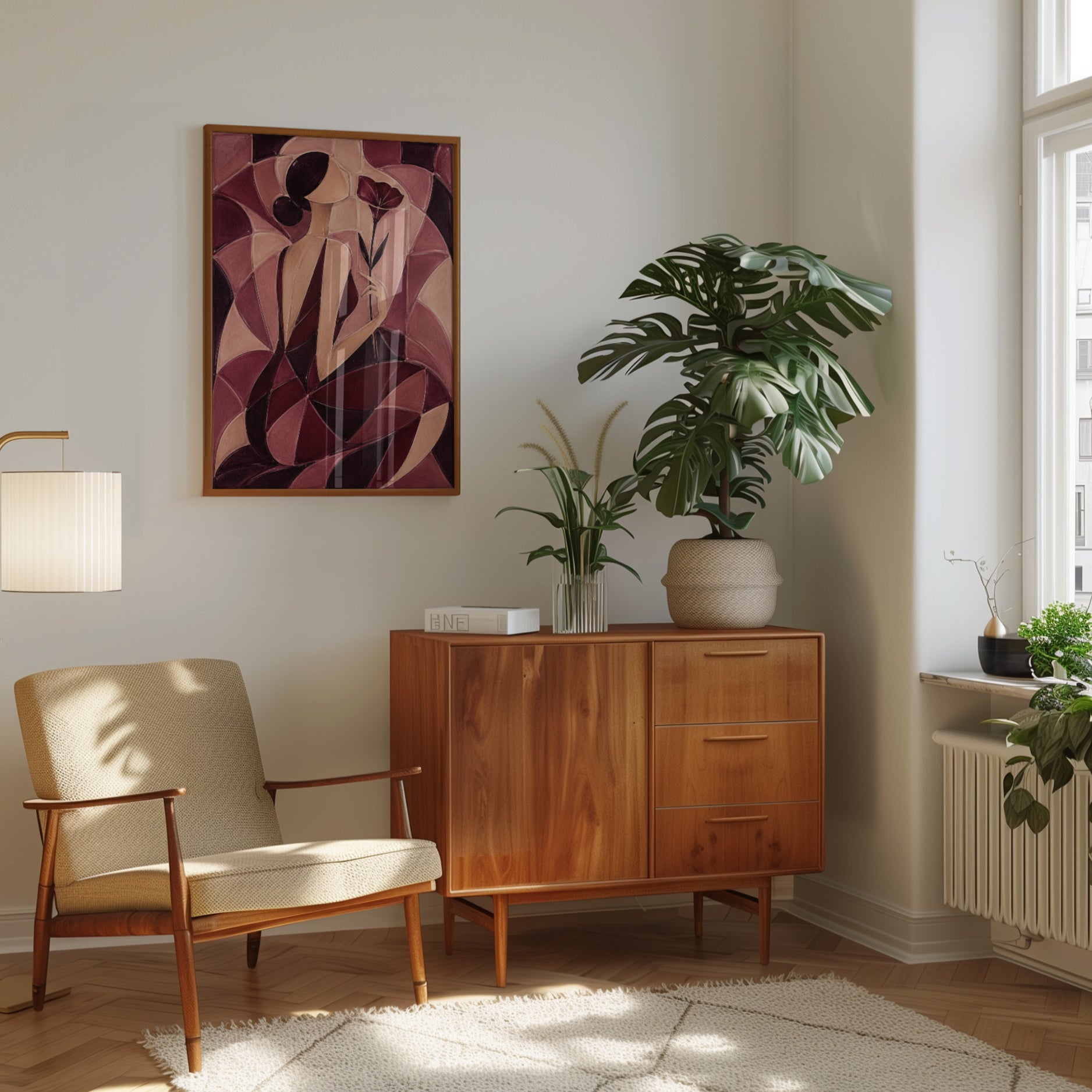 Cubist Woman with Flower Art Print: Burgundy and Beige Geometric - interior