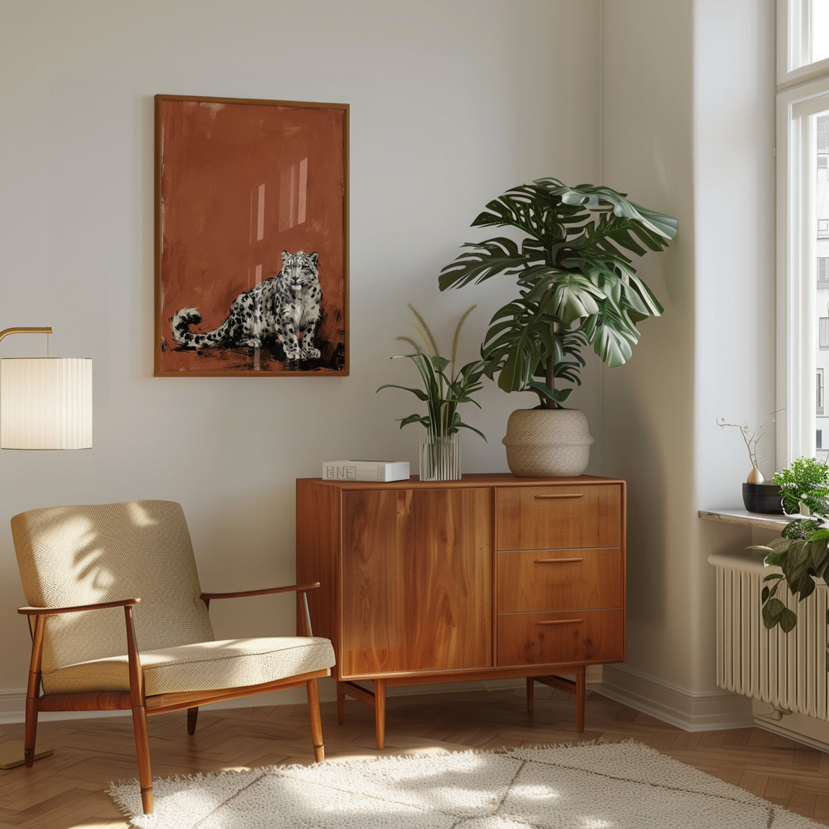 Snow Leopard Wall Art: Contemporary Wildlife on Terracotta - interior