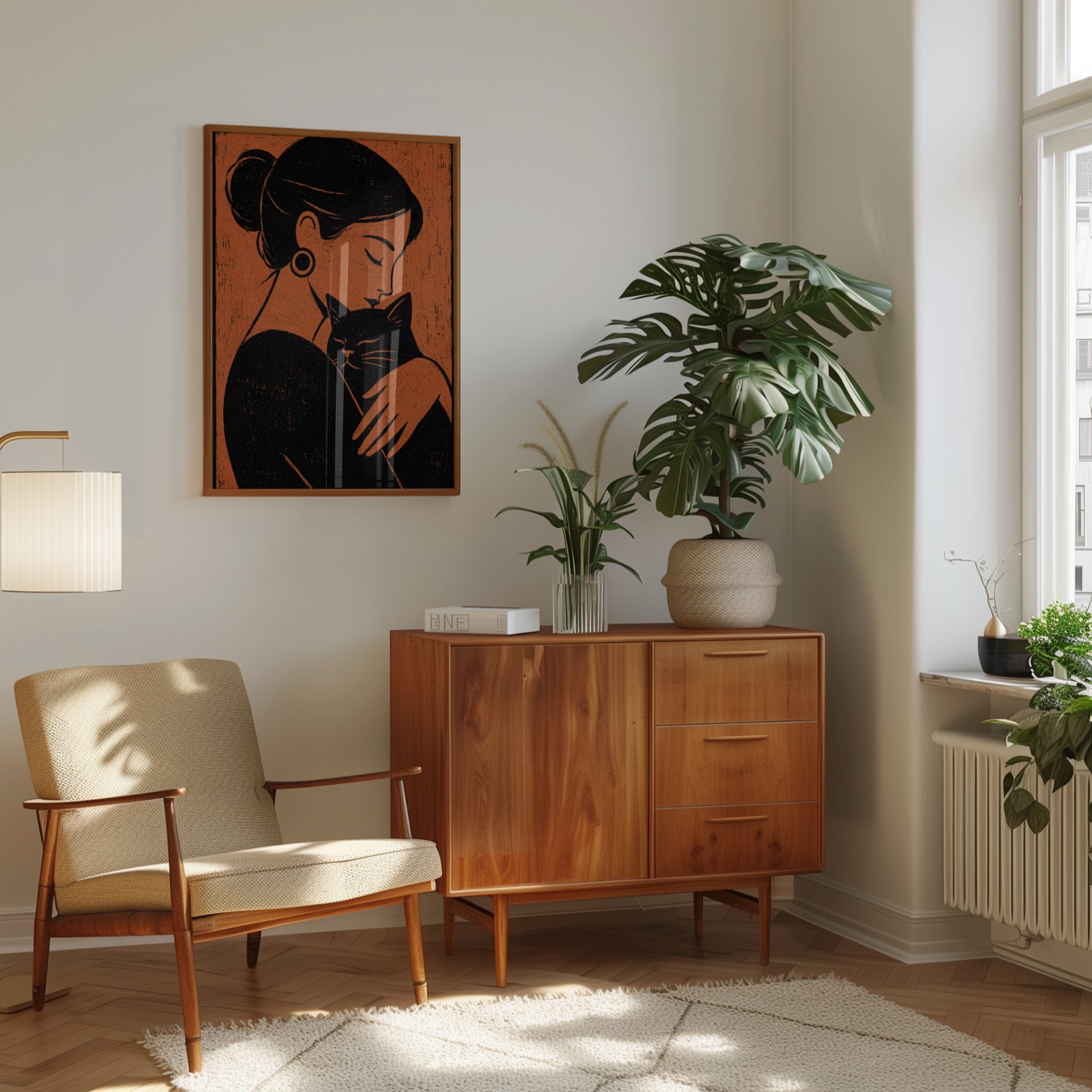 Woman with Cat Print – Retro Block Print - interior